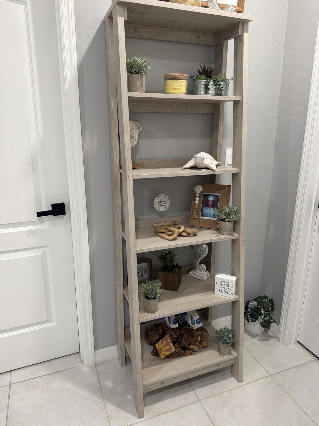 Sauder Ladder Bookshelf 5 Tier Trestle Ladder Shelf Wooden Bookcase, in Jamocha Wood customer photo 1