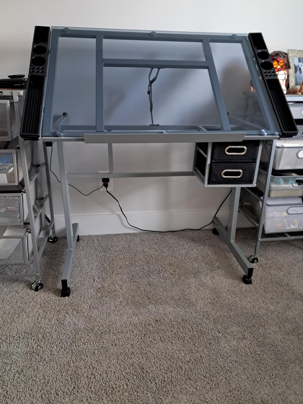 Yaheetech Drawing Desk Adjustable Glass Drafting Study Table for Diamond/Versatile Art Craft Station w/ 2 Slide Rolling Wheels and Drawers for Artist Painters Home Office customer photo 2