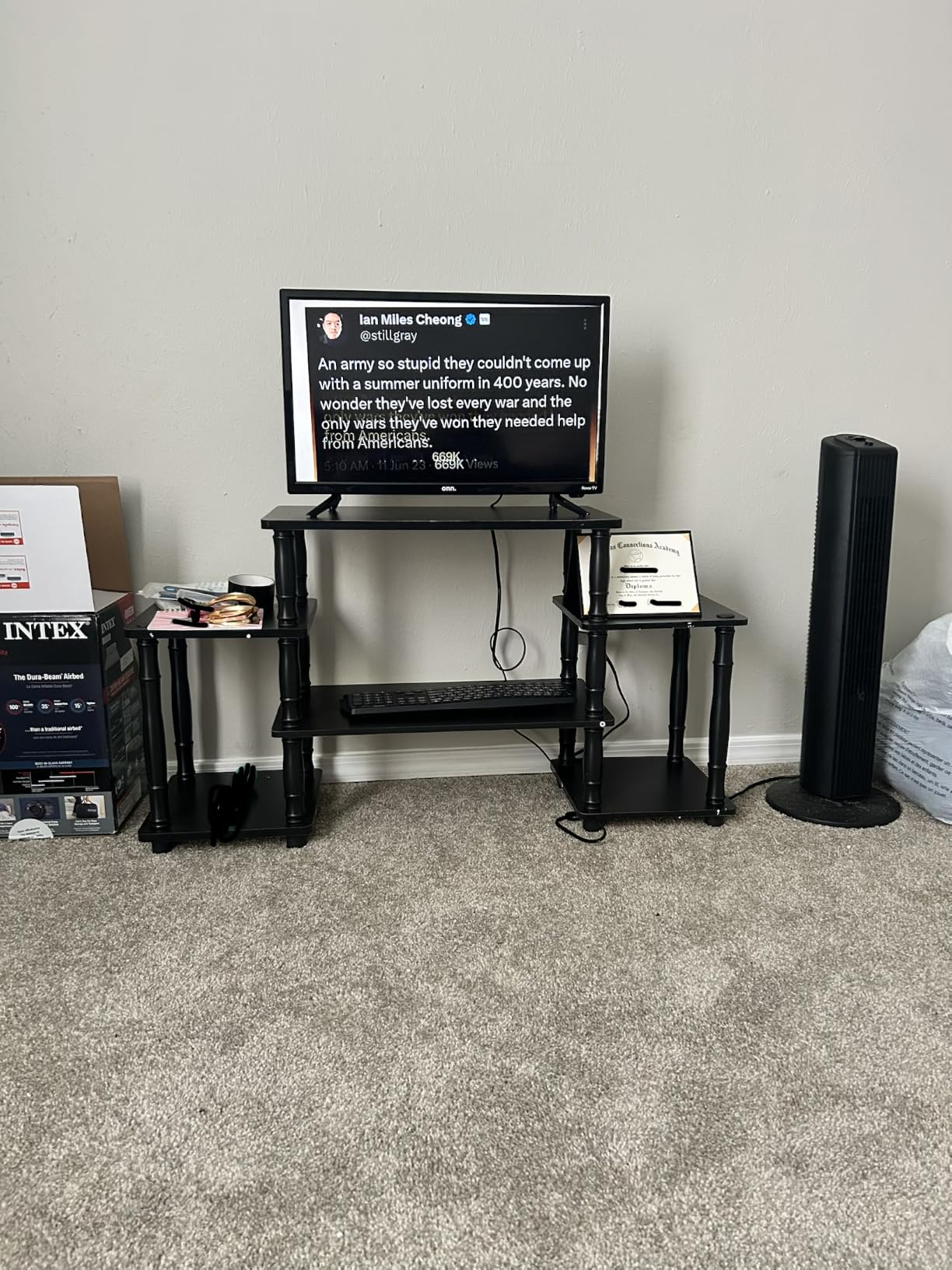 Furinno JAYA Simple Design Corner TV Stand, French Oak Grey/Black, 42.04 x 22.75 x 15.55 Inches | Open Shelf Design Corner Entertainment Center, TV Console, Round Corner, for Living Room, Bedroom customer photo 1