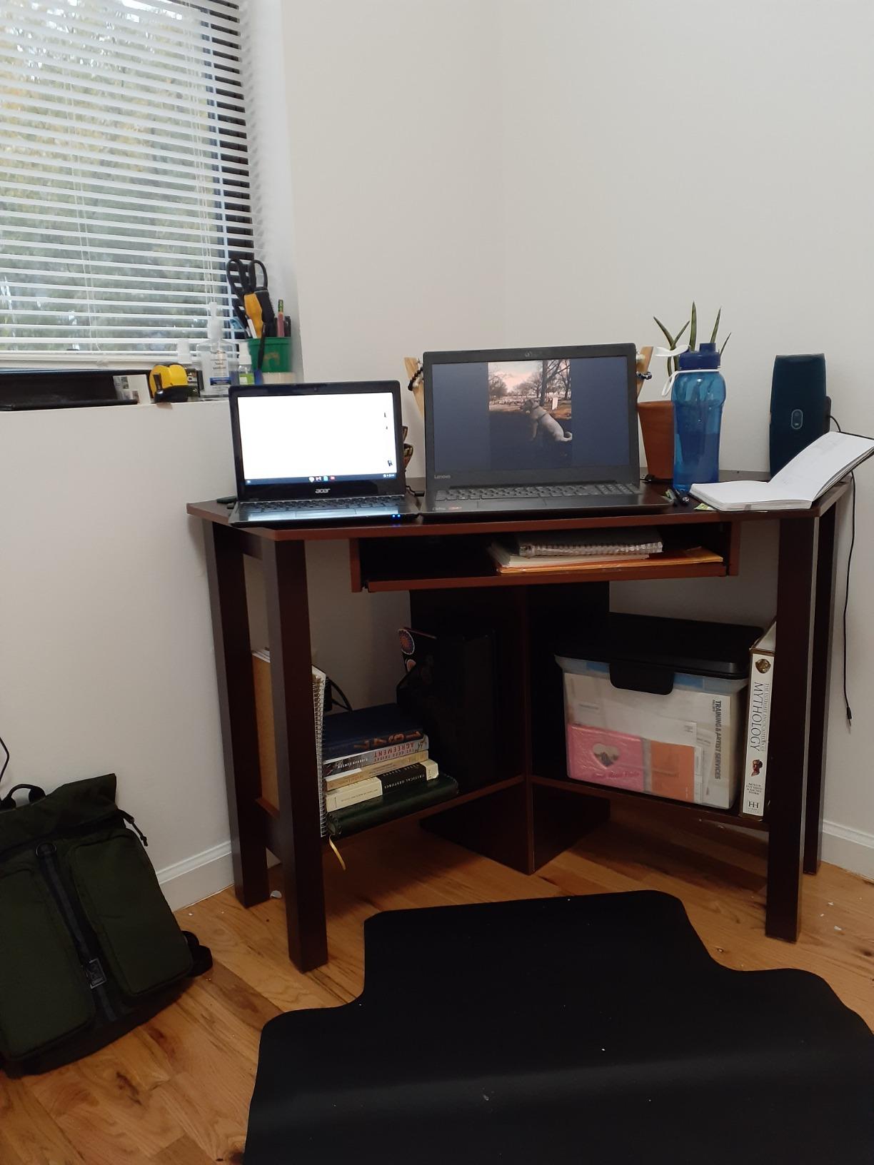 Tangkula Corner Desk, Corner Computer Desk, Wood Compact Home Office Desk, Laptop PC Table Writing Study Table, Workstation with Storage Drawer & Shelves customer photo 1
