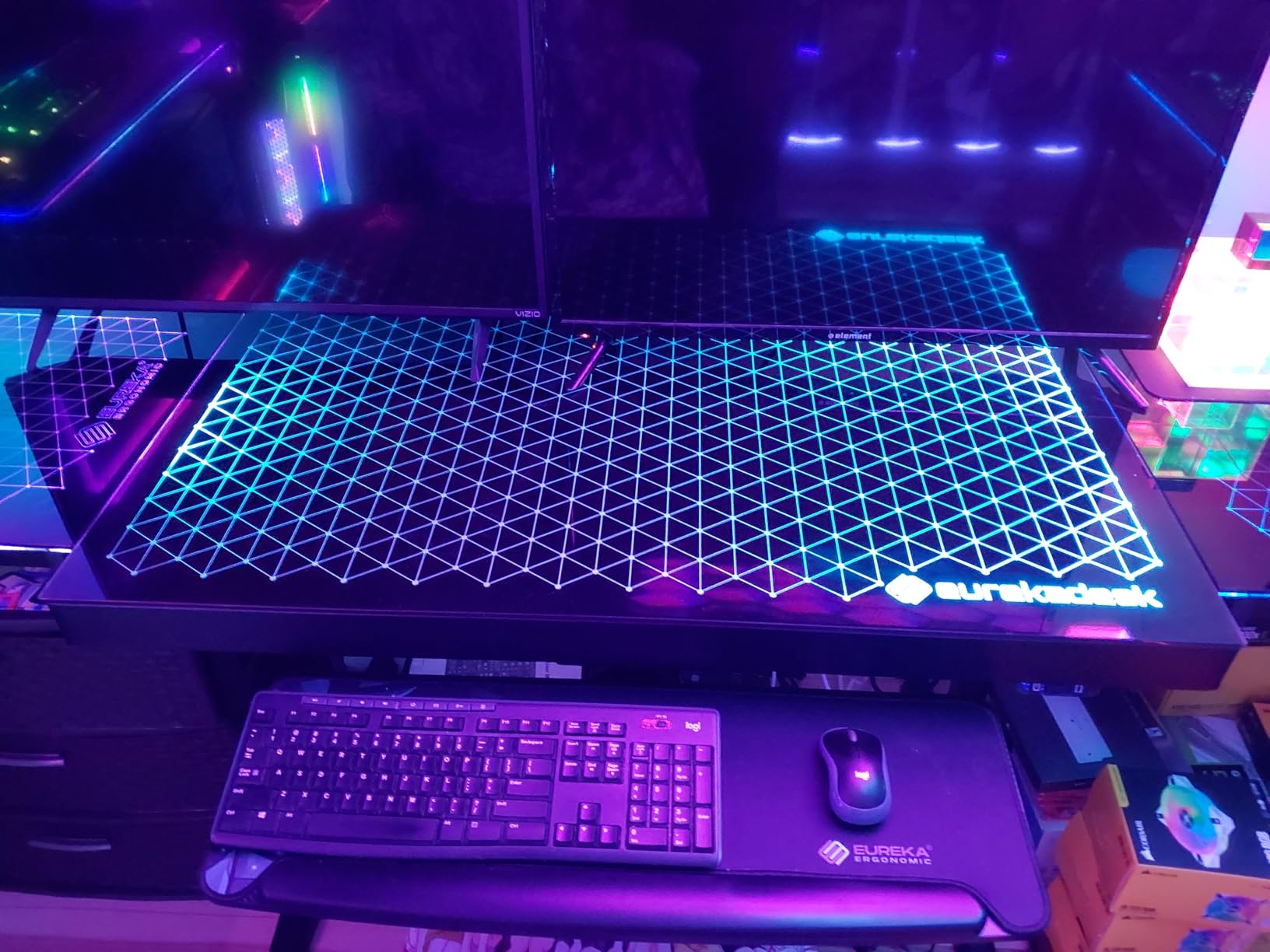 EUREKA ERGONOMIC RGB LED Gaming Desk, Music Sync Lights Up Tempered Glass Desktop, 43