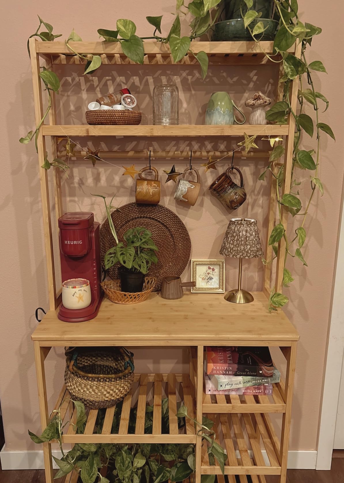 Bakers Rack with Power Outlets, 8-Tier Microwave Stand, Kitchen Utility Storage Shelf 10 S-Shaped Hooks, Coffee Bar Table Station, Standing Rack, 31.5 x 15.7 x 65 Inches, Bamboo customer photo 1