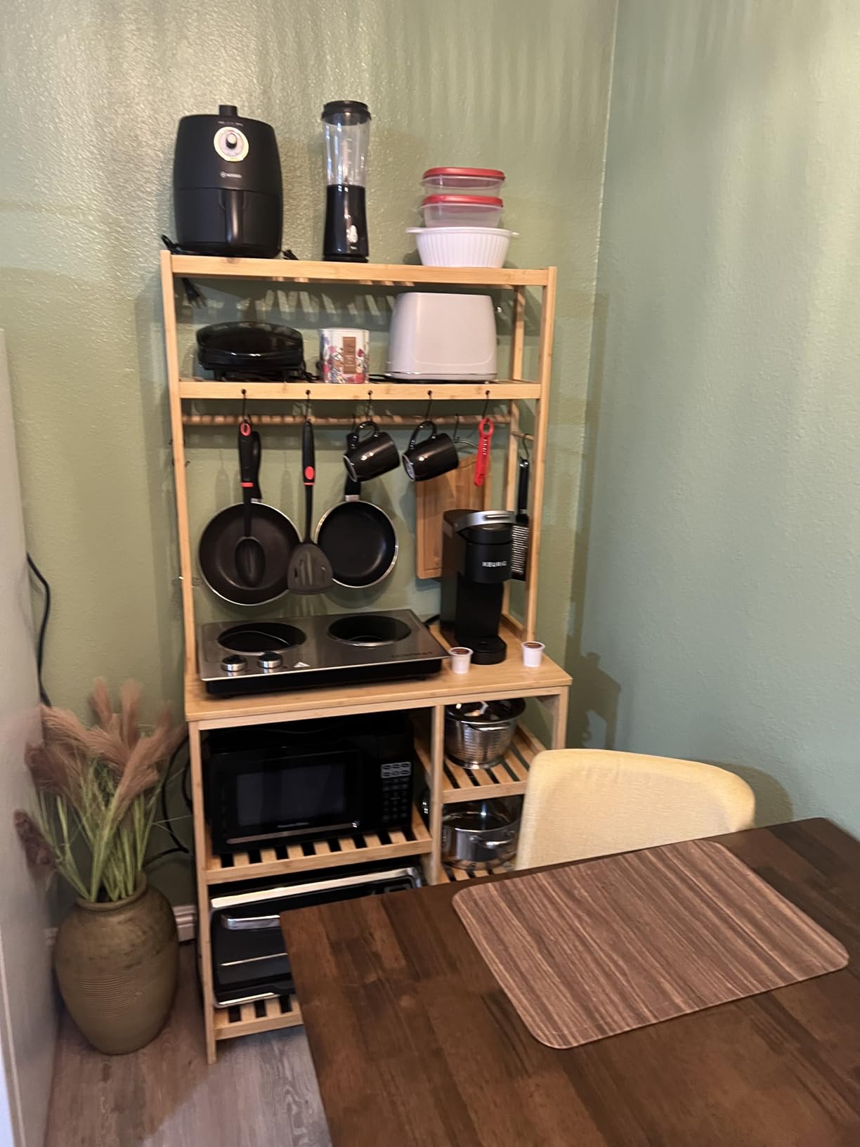 Bakers Rack with Power Outlets, 8-Tier Microwave Stand, Kitchen Utility Storage Shelf 10 S-Shaped Hooks, Coffee Bar Table Station, Standing Rack, 31.5 x 15.7 x 65 Inches, Bamboo customer photo 2