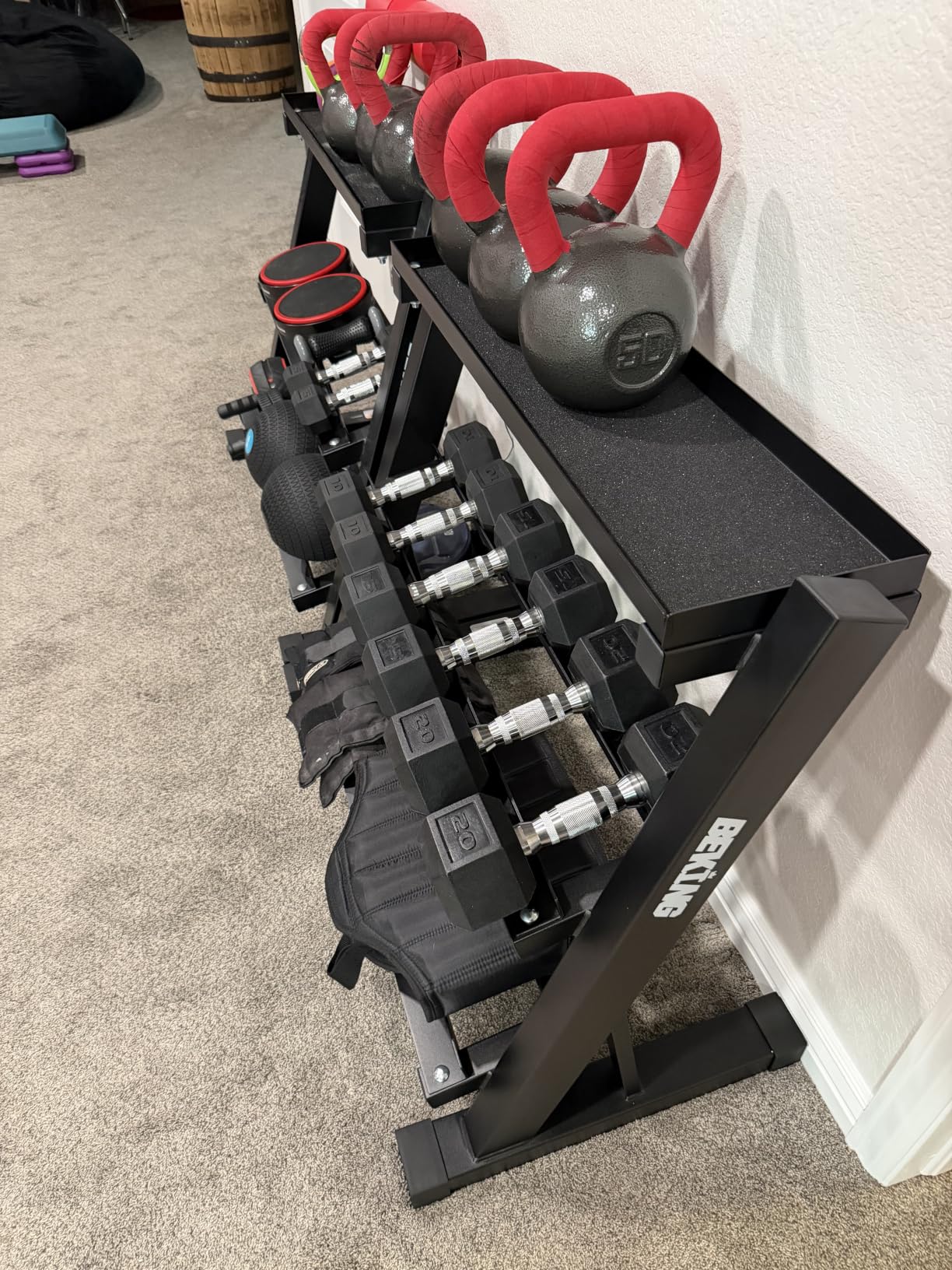BEKING 3 Tier Dumbbell Rack, 1000LB Capacity Weight Storage Rack for Home Gym Fitness, Multifunctional Free Weight Organizer Stand for Dumbbells, Kettlebells, Compact Design Save Floor Space customer photo 1