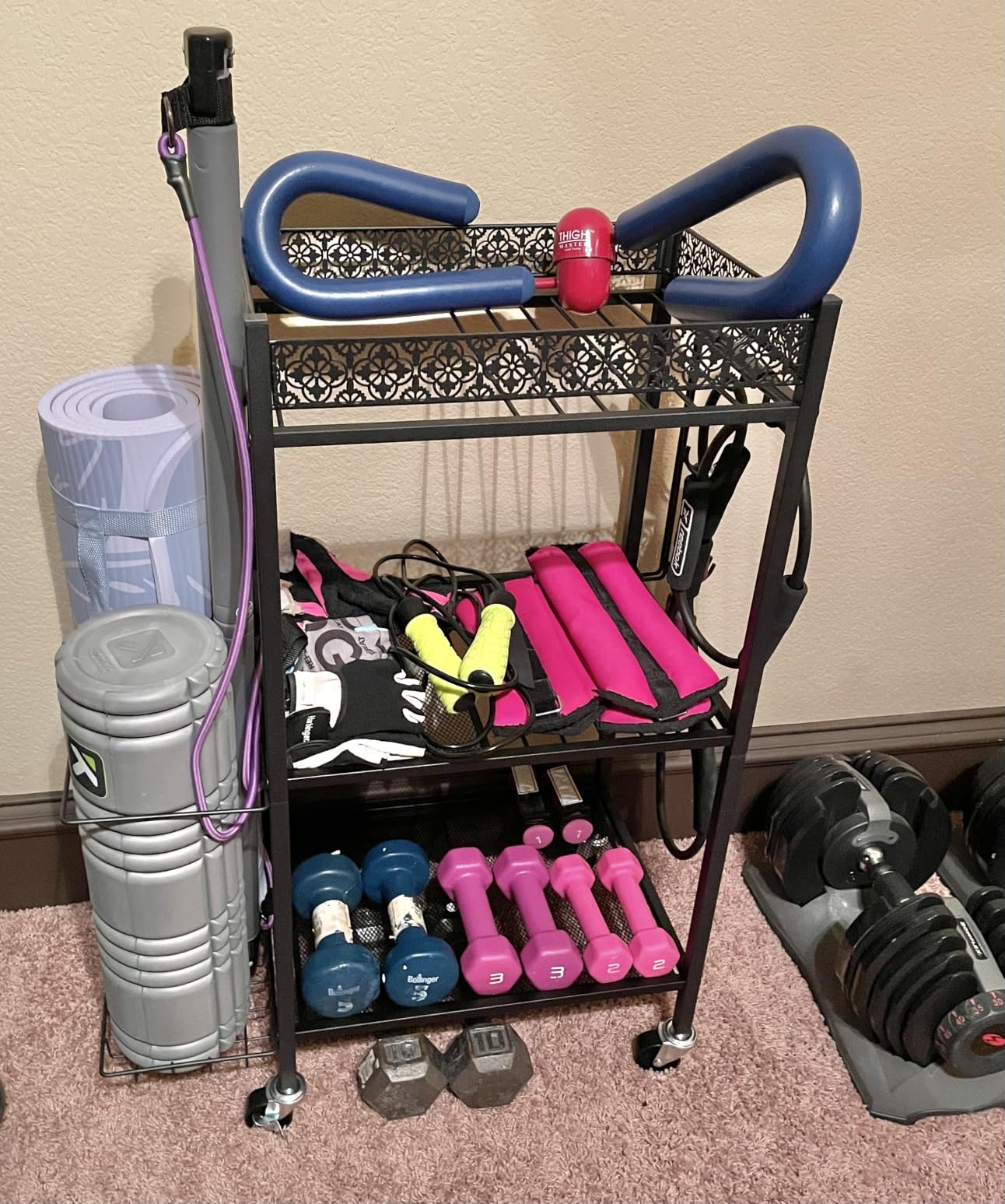 VOPEAK Home Gym Storage Rack, 3-Tier Yoga Mat Storage with Wheels & Hooks | 200 lbs steel rack with lockable casters & side hooks. 3-tier fits yoga mats & dumbbells - 10-min assembly customer photo 2