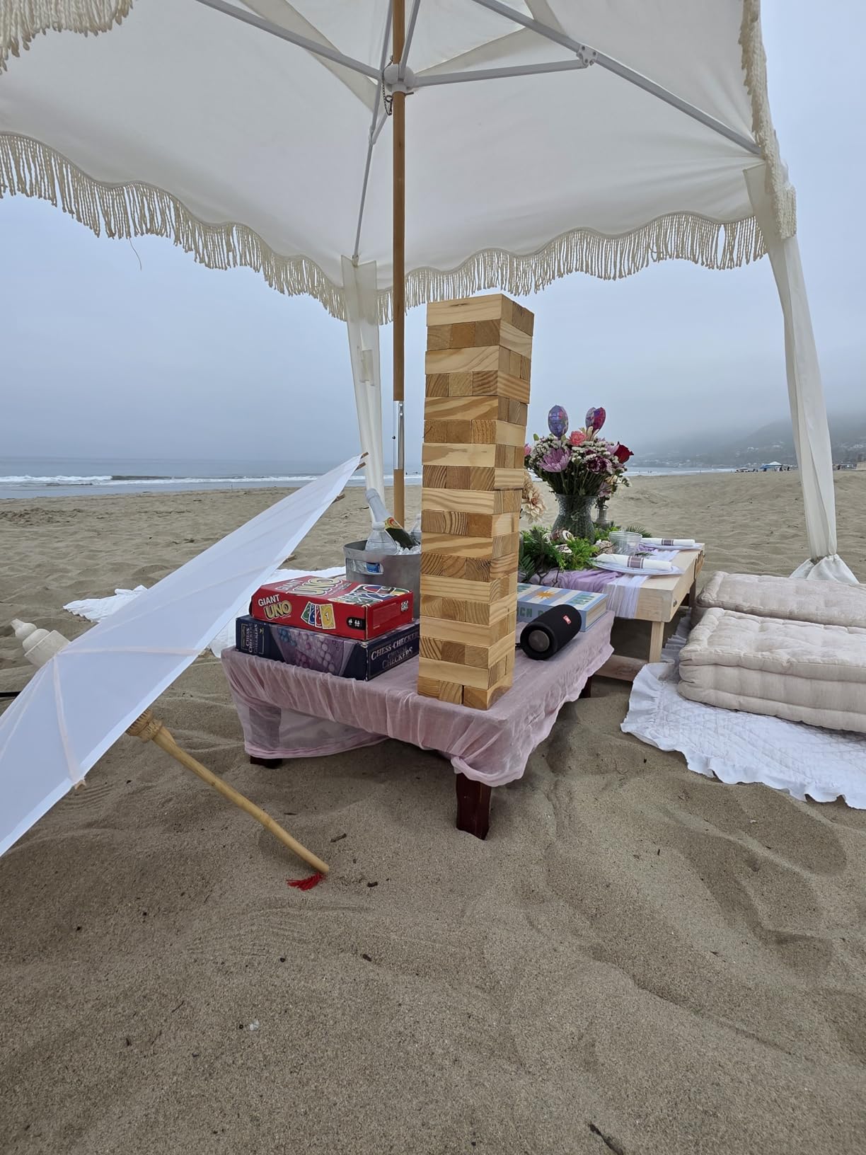 AMMSUN Beach Cabana with Fringe, 7' x 7' Boho Beach Canopy with Tassels, Easy Set up & Premium Wood Pole, Cabana Tent with Sand Pockets, Instant Sun Shade for Sand, Garden, Patio, Elegant White customer photo 2