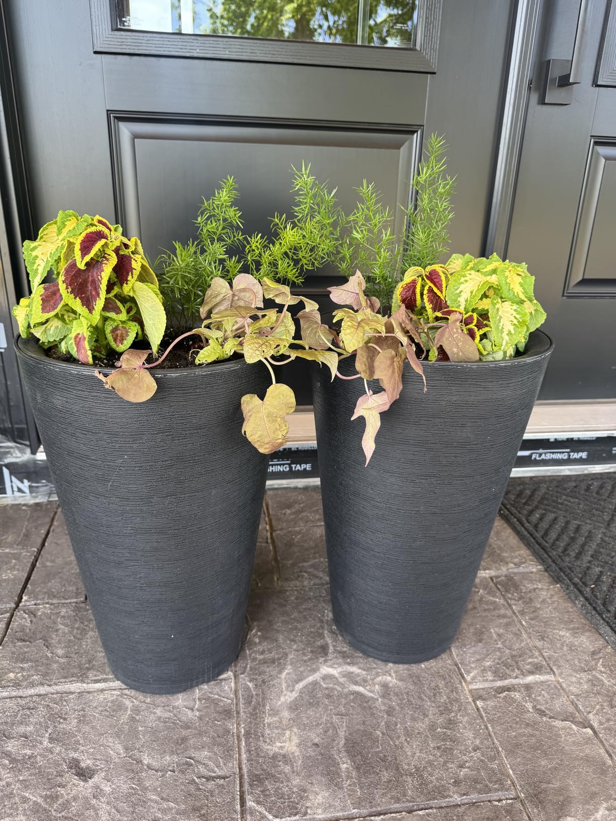 Sieral Set of 2 Tall Outdoor Planters 12 x 18 Inch Large Resin Outdoor Planters for Front Porch Flower Round Floor Decorative Indoor Pots with Drainage(Black) customer photo 1