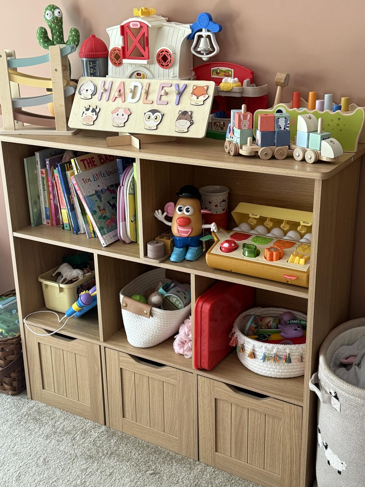 FOTOSOK Toy Storage Organizer with 3 Movable Drawers, Toy Organizer with Hidden Wheels and 5 Open Cubbies, Stuffed Animal Storage Organizer, Multifunctional Toy Chest for Playroom, White customer photo 2
