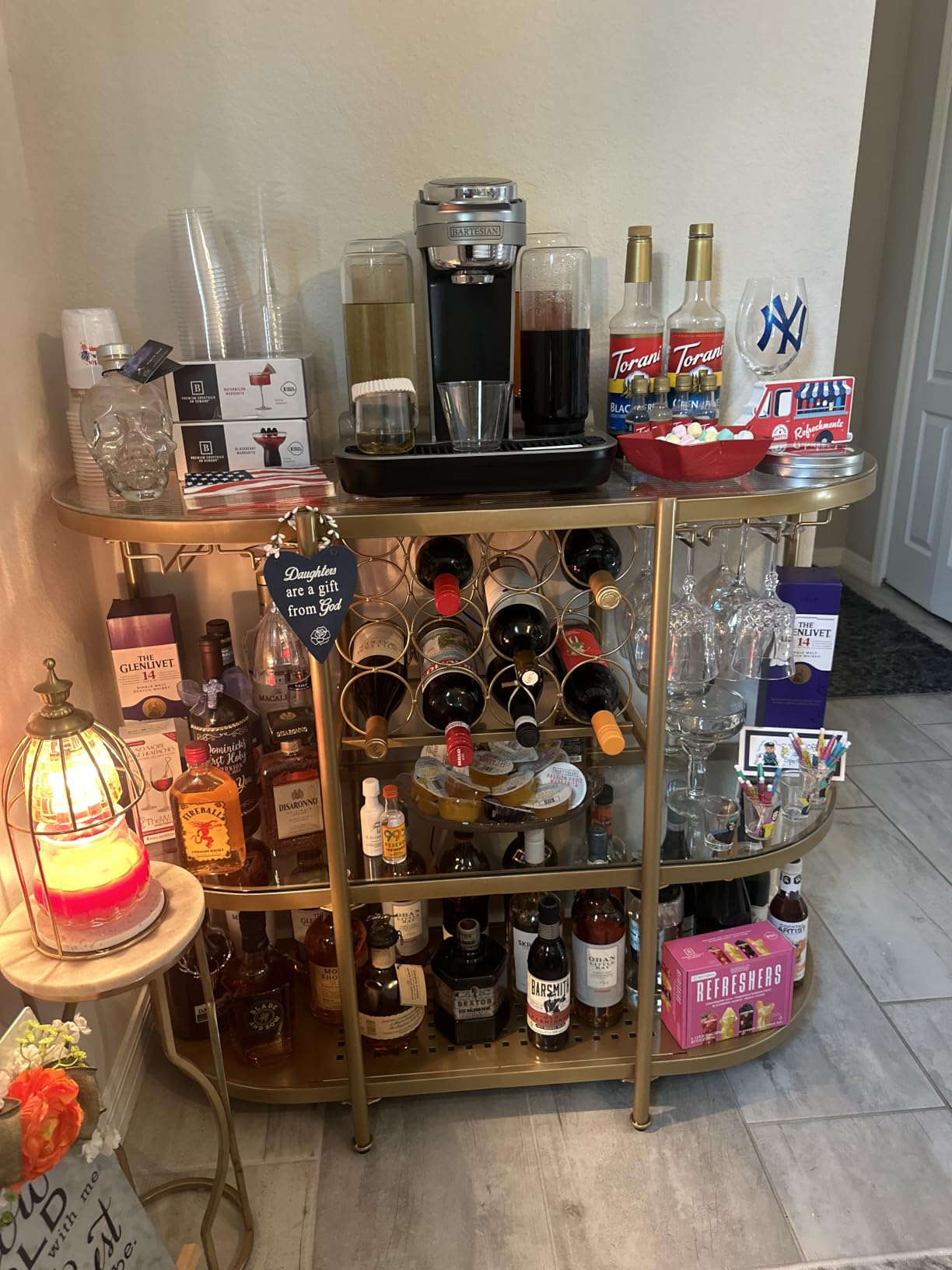 O&K FURNITURE Home Bar Table with Wine Racks, 3 Tier Wine Bar Table with Glass Holders, Wine Cabinet with Open Shelf, Liquor Bar Coffee Bar Table for Living Room Kitchen, Gold customer photo 1