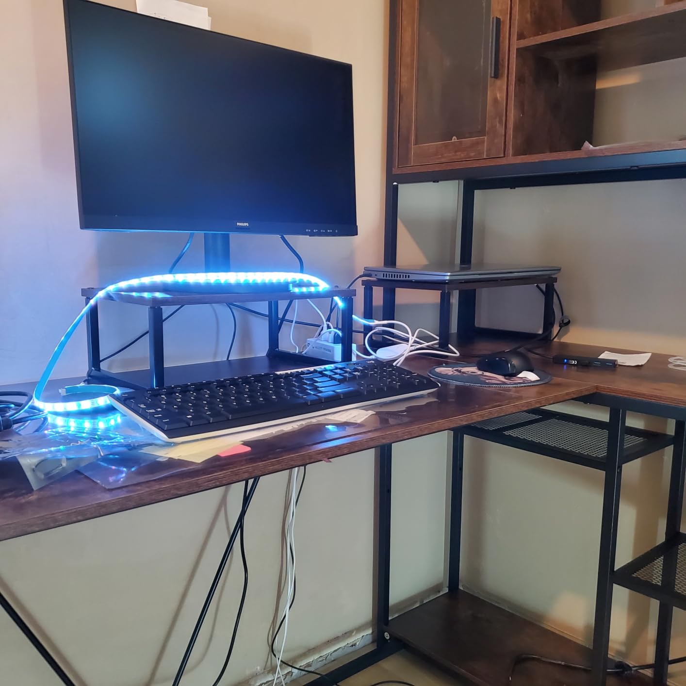 SEDETA L Shaped Computer Desk, 58'' Office Desk with LED Light and Bookshelf, L Shaped Corner Desk with Storage Shelves for Home Office, Gaming Desk, L Desk, Rustic Brown customer photo 1