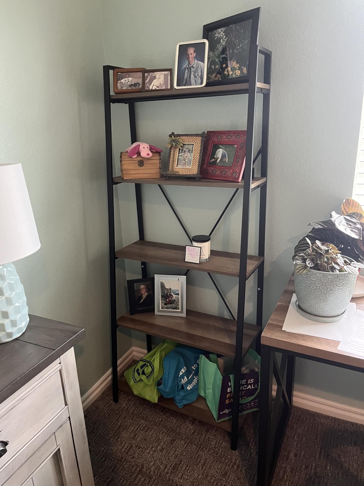 Ladder Shelf Bookcase, 5-Tier Industrial Ladder Bookshelf, Tall Living Room Shelves, Wood and Metal Leaning Shelf for Home Office, Kitchen, Bedroom, Balcony (Rustic Oak) customer photo 2