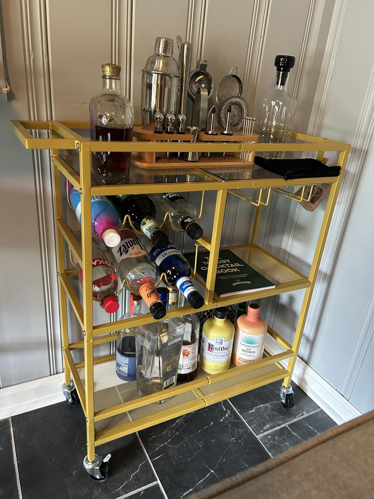 MAHANCRIS Bar Cart for Home, 3-Tier Serving Cart with Wheels and Handle, Beverage Cart with Wine Rack and Glass Holders, Rolling Wine Cart for Kitchen, Dining Room, Gold RCJ61B01 customer photo 2