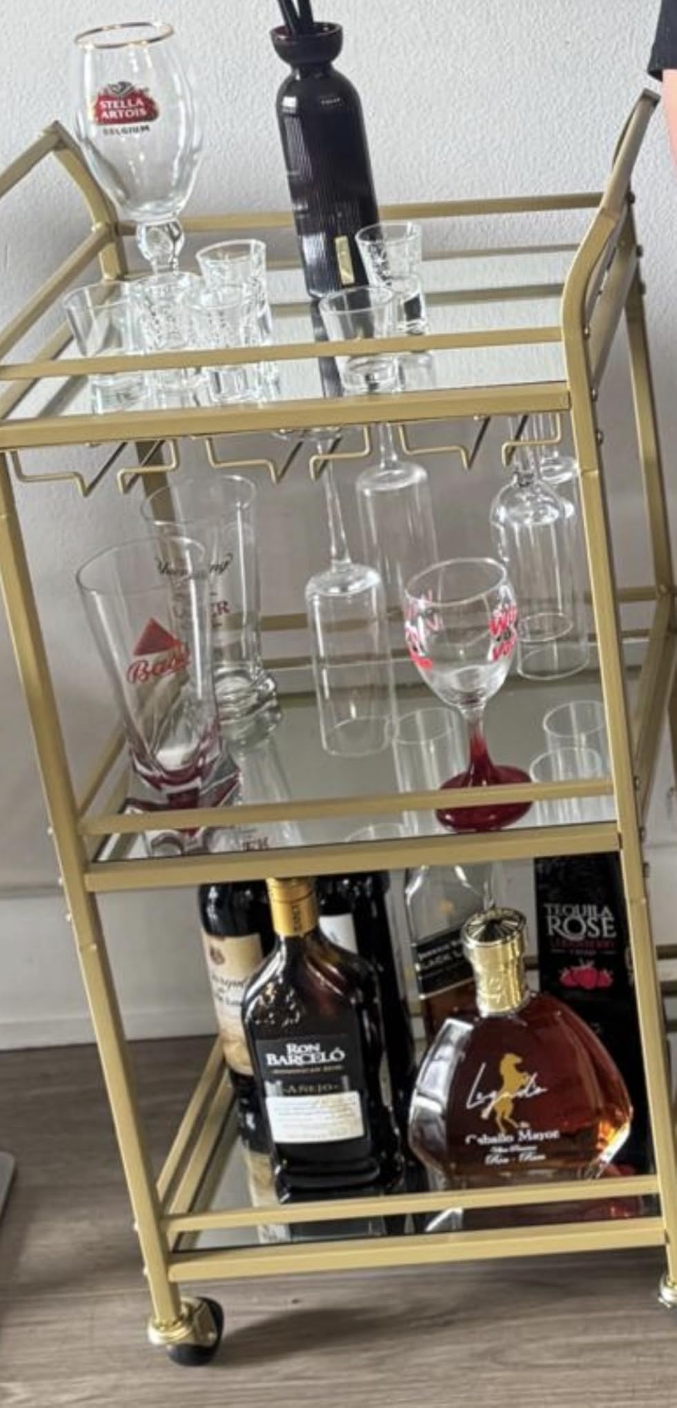 VASAGLE Bar Cart, Home Bar Serving Cart with 3 Tiers, Kitchen Shelf with Wine Rack, Glass Holders, for Small Spaces, Dining Room, Living Room, Pale Gold ULRC101A01 customer photo 2