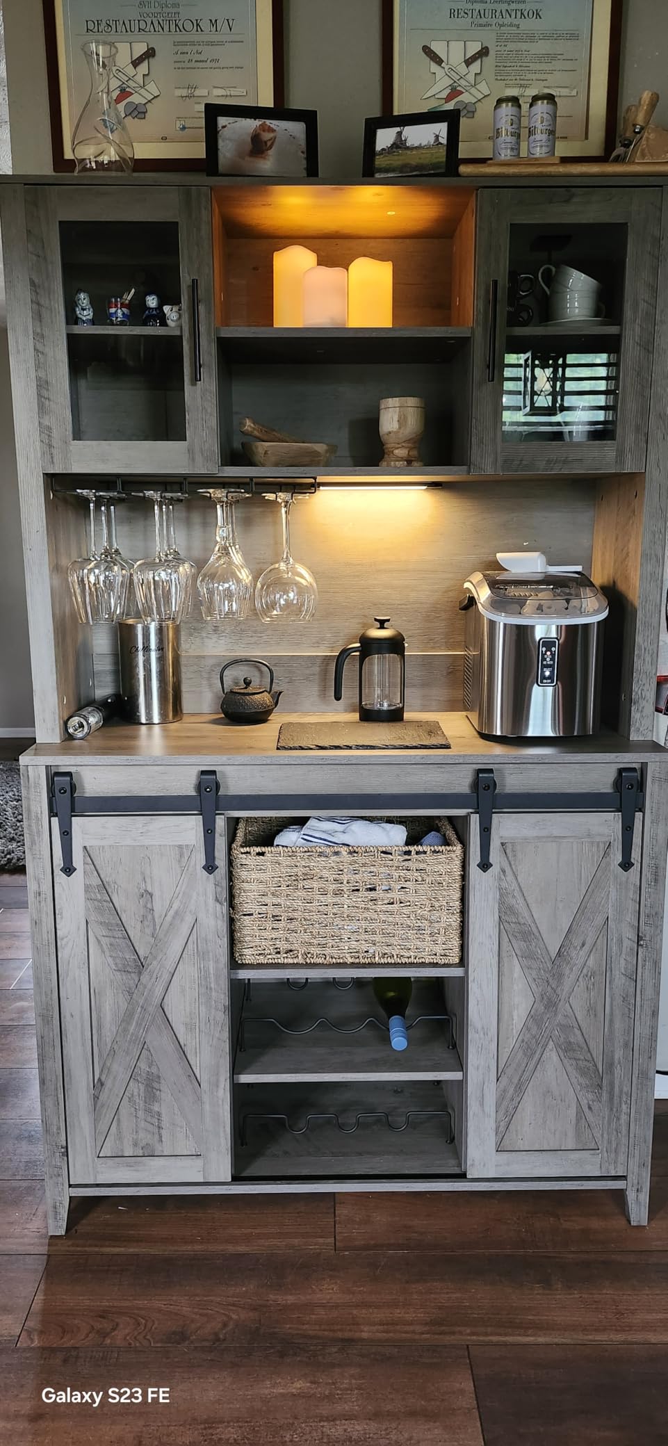 IDEALHOUSE 70'' Wine Coffee Bar Cabinet with Storage Hutch, Tall Kitchen Pantry Liquor Cabinet with Sliding Barn Doors, Bottle Glasses Rack, Farmhouse Buffet for Home Dining Room, Brown customer photo 1