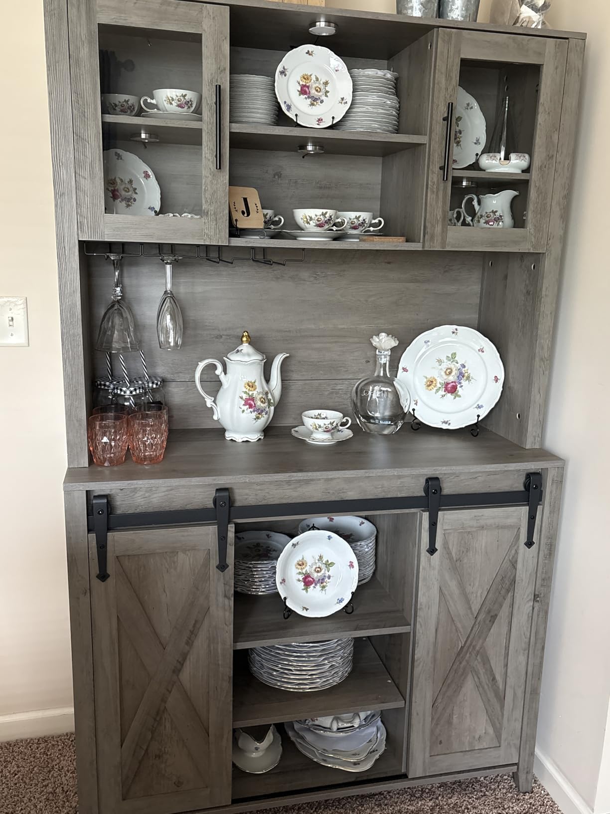 IDEALHOUSE 70'' Wine Coffee Bar Cabinet with Storage Hutch, Tall Kitchen Pantry Liquor Cabinet with Sliding Barn Doors, Bottle Glasses Rack, Farmhouse Buffet for Home Dining Room, Brown customer photo 2