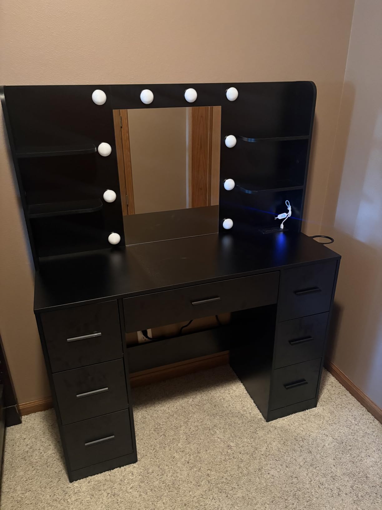 Furmax Vanity Desk with Mirror, LED Lights and Power Outlet Makeup Vanity Table with 7 Drawers and 6 Storage Shelves Dressing Table for Bedroom Dressing Room (White) customer photo 2