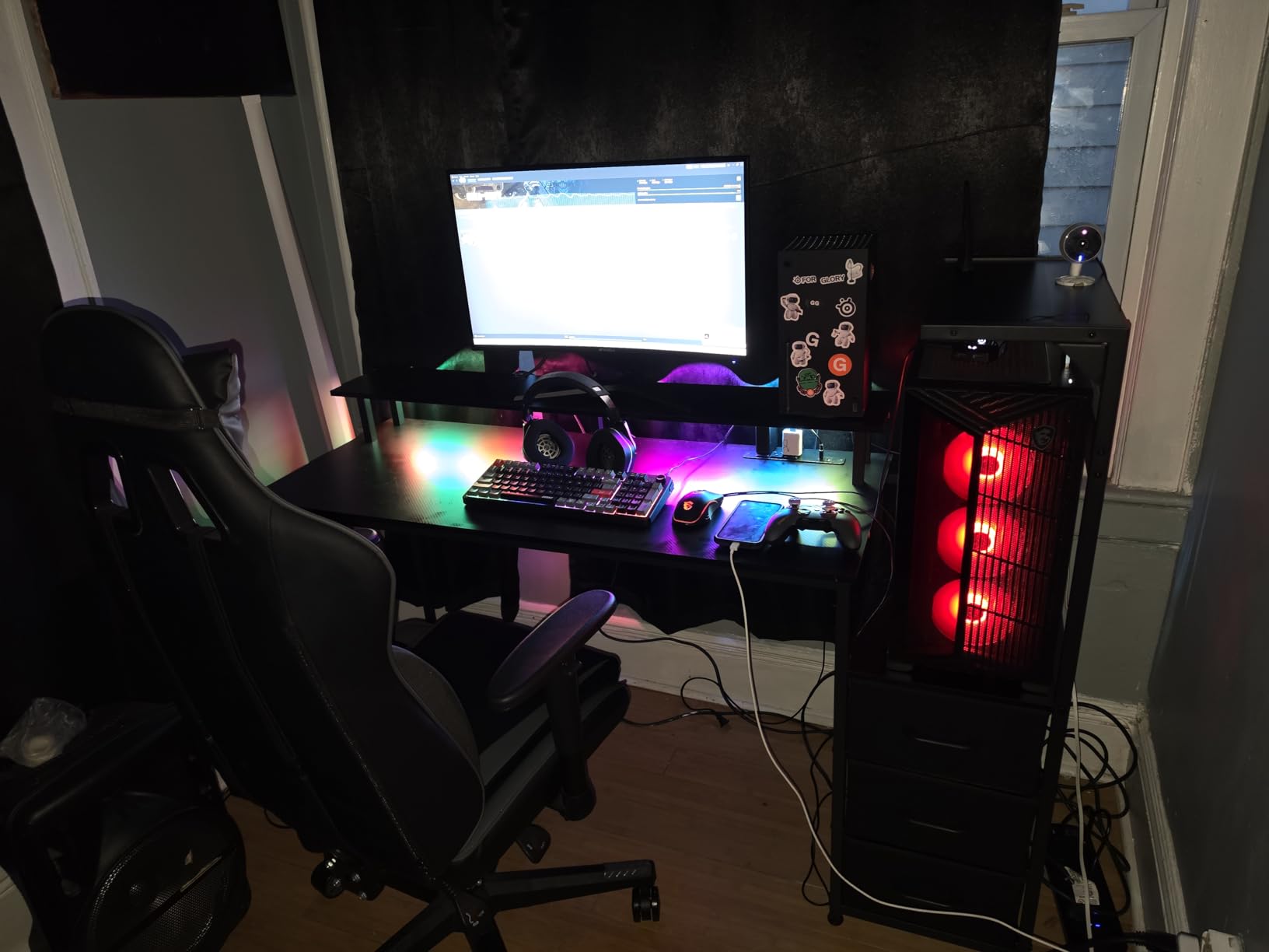 AODK 59 Inch Gaming Desk with LED Light- Reversible Computer Desk with Storage Shelves & Monitor Stand, Fabric Drawers Fits Compact PC Towers, Black customer photo 1