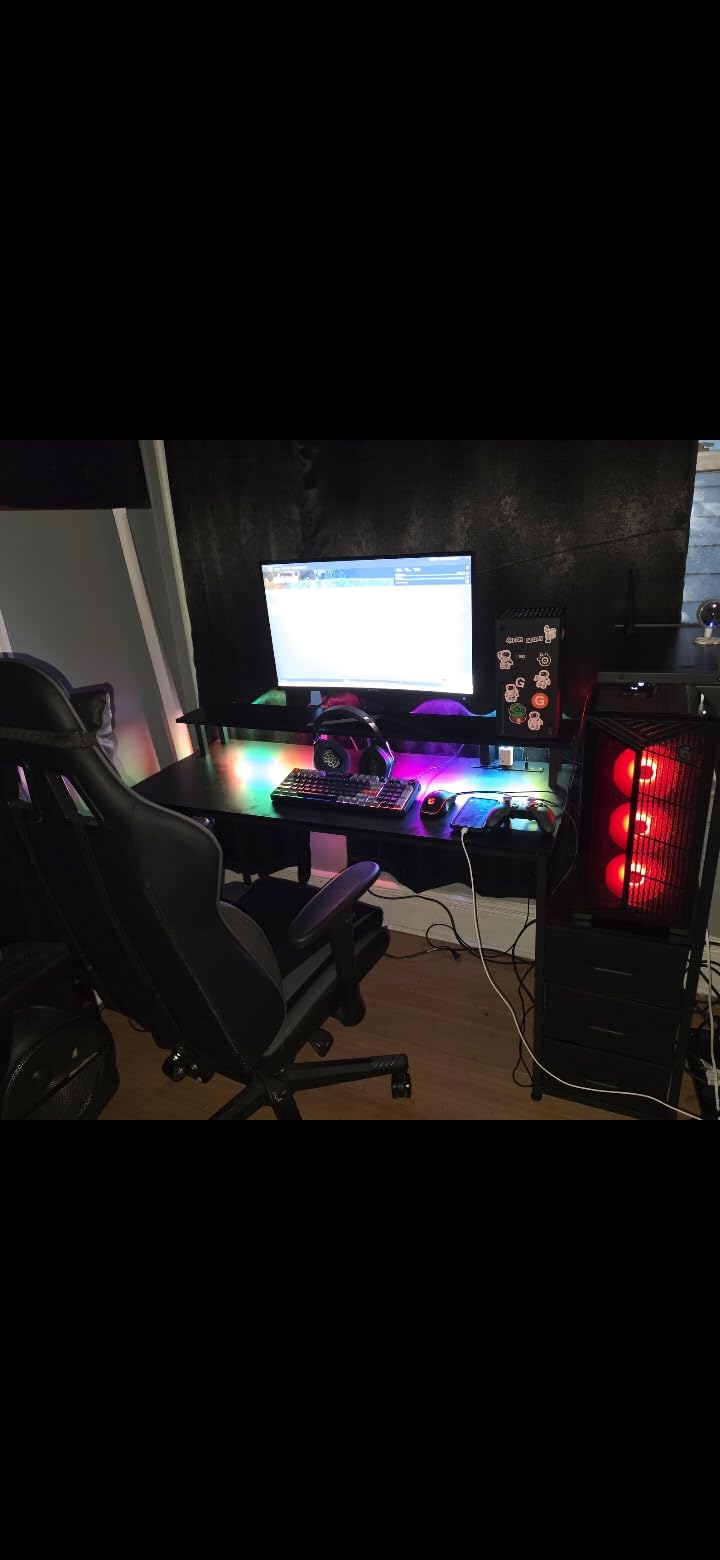 AODK 59 Inch Gaming Desk with LED Light- Reversible Computer Desk with Storage Shelves & Monitor Stand, Fabric Drawers Fits Compact PC Towers, Black customer photo 2