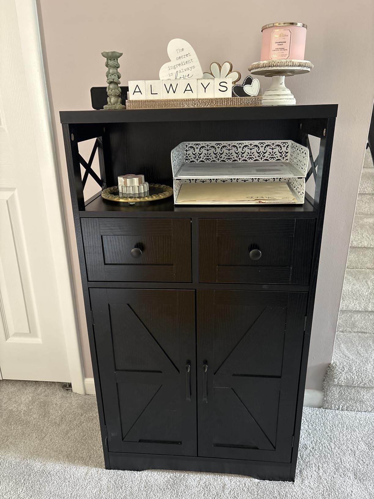 Farmhouse Storage Cabinet with Barn Doors and Open Shelf, Kitchen Pantry with Storage, Coffee Bar Station, Freestanding Cupboard Hutch Cabinet for Kitchen, Dinning Room, Livingroom, Grey customer photo 1