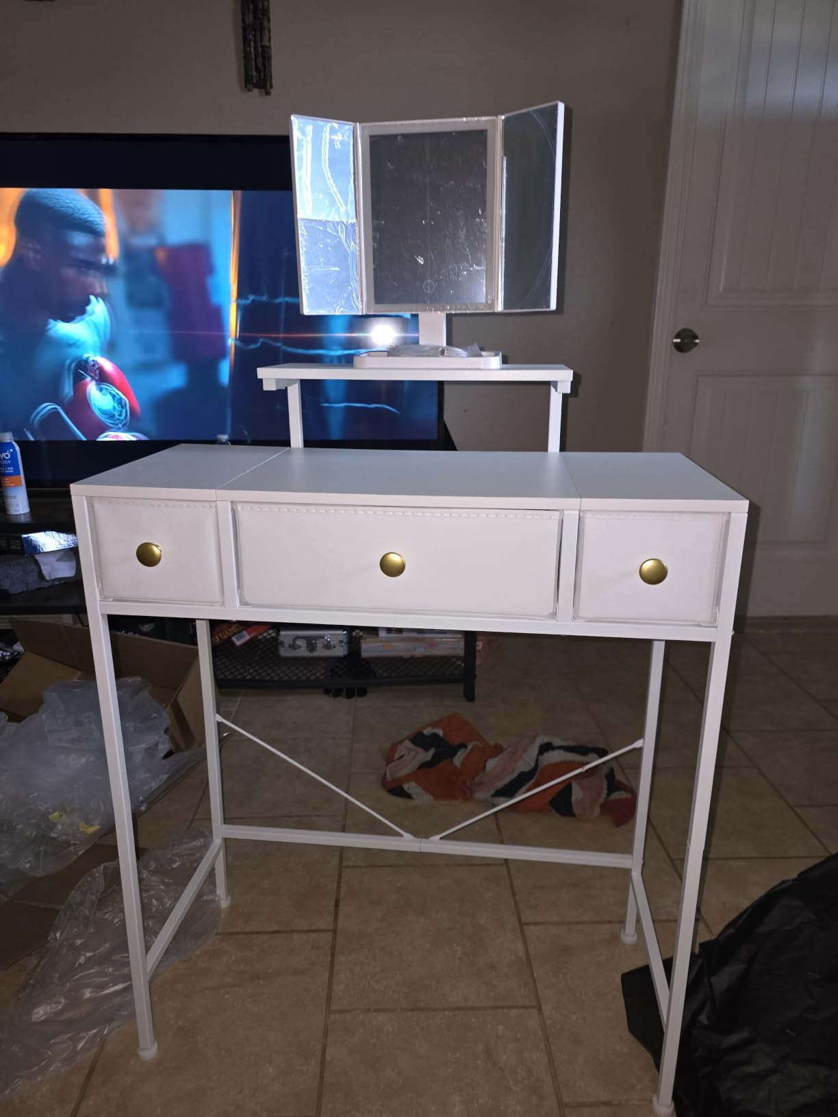 Small Makeup Vanity Desk 27.5''W with Mirror and Lights, White | 3 Drawers, USB Lighted Mirror, Height-Adjustable Stand, Fabric Drawers, Girls/Kids Gifts, Bedroom, Small Space, Dorm customer photo 1