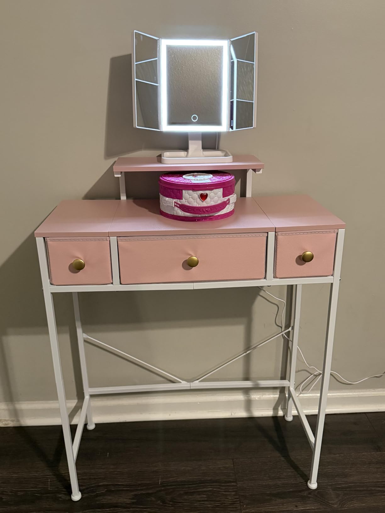 Small Makeup Vanity Desk 27.5''W with Mirror and Lights, White | 3 Drawers, USB Lighted Mirror, Height-Adjustable Stand, Fabric Drawers, Girls/Kids Gifts, Bedroom, Small Space, Dorm customer photo 2