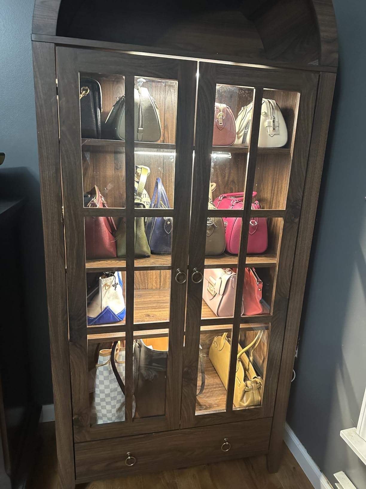 RowyPoey Farmhouse Arched Cabinet with Glass Doors, Wood Display Cabinet with Drawer and Adjustable Shelves, 71