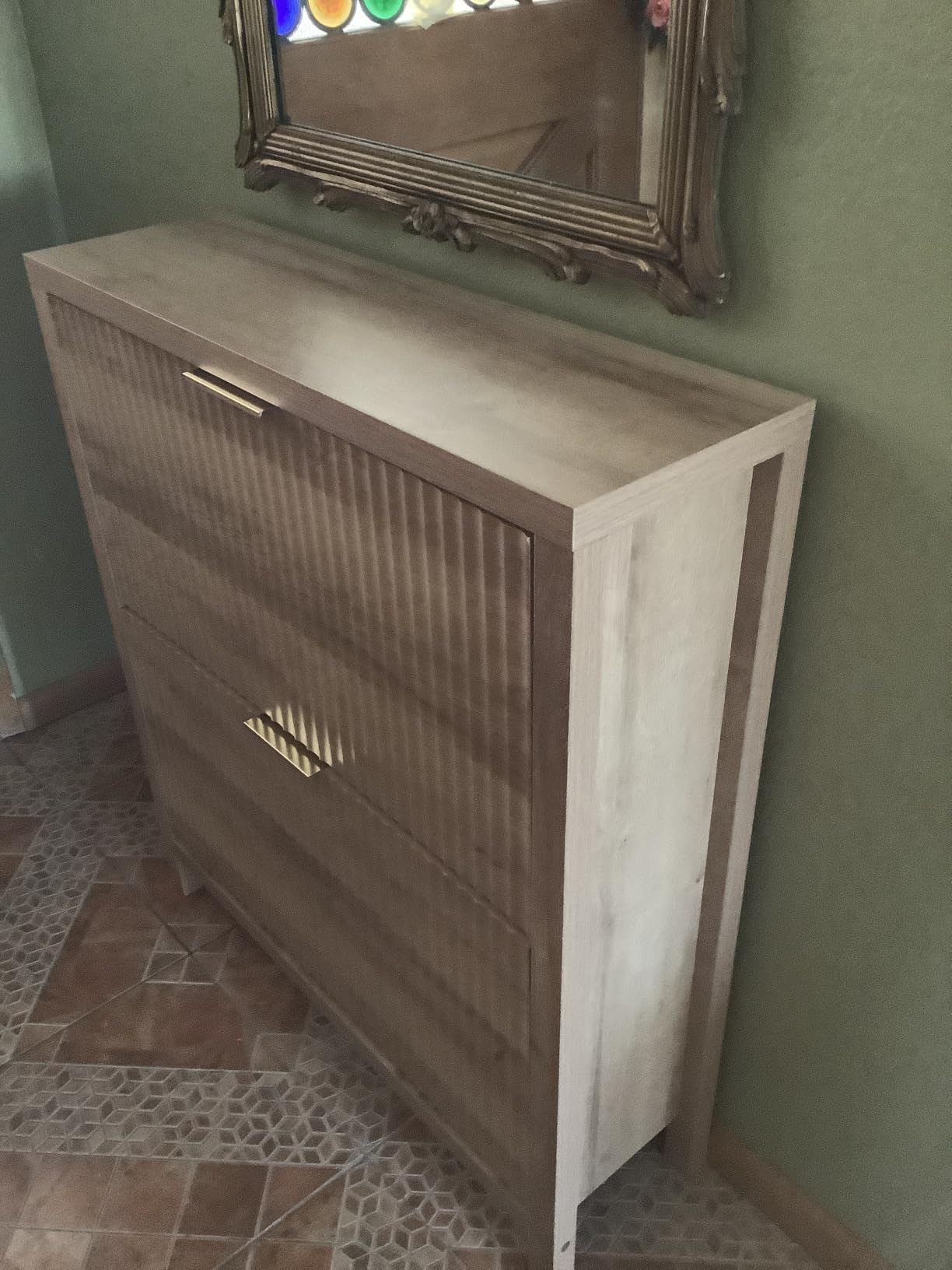 Fluted Shoe Cabinet Storage with 2 Flip Drawers for Entryway, Hallway | Narrow Shoe Rack Freestanding Shoe Organizer with Legs for Entryway, Hallway, Oak customer photo 2