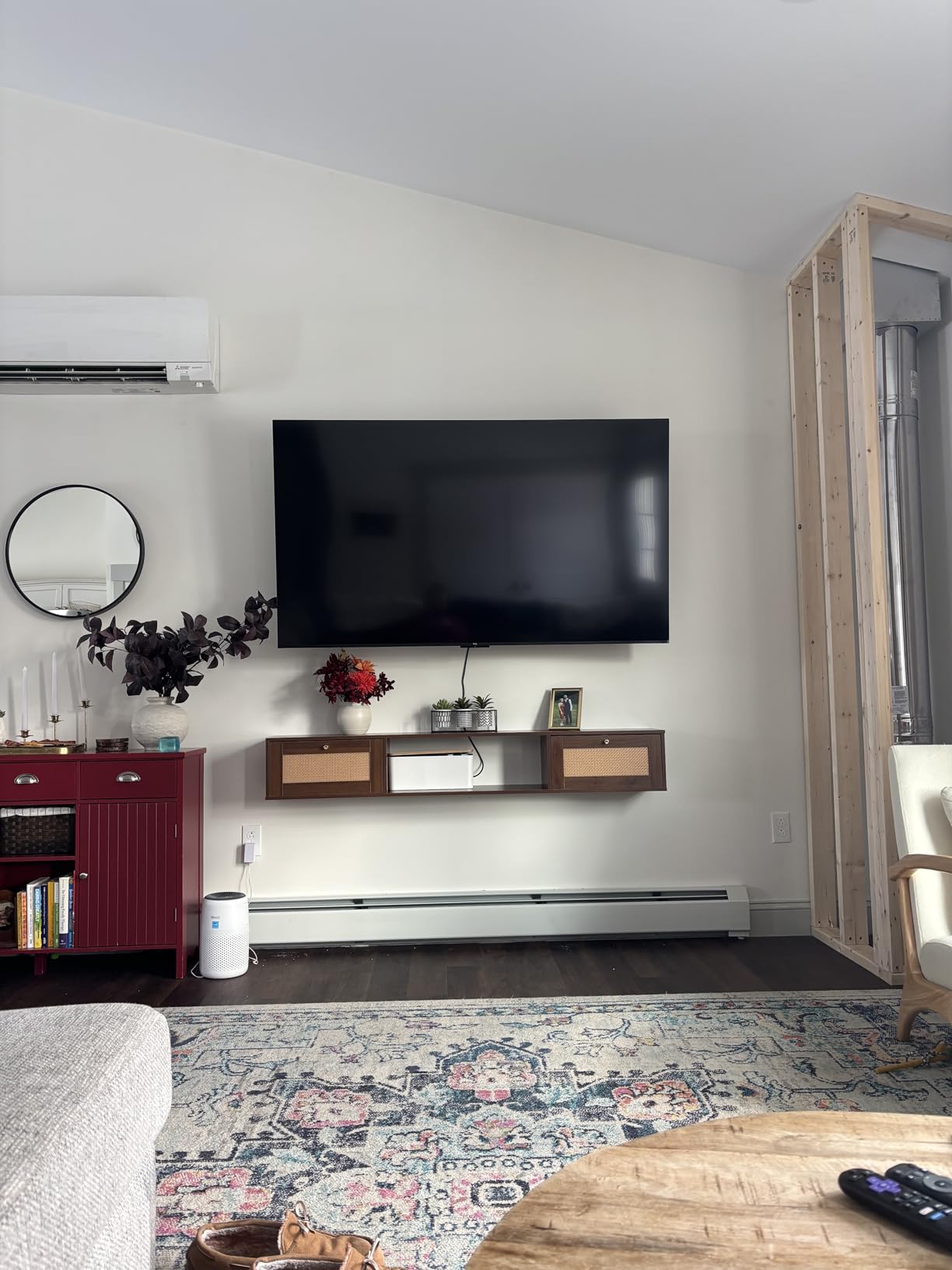 EROMMY Modern Rattan Floating TV Stand, Wall-Mounted Floating Stand for TVs up to 80 Inches with Doors, Entertainment Center for Under TV Storage, 70 inch, Oak customer photo 1
