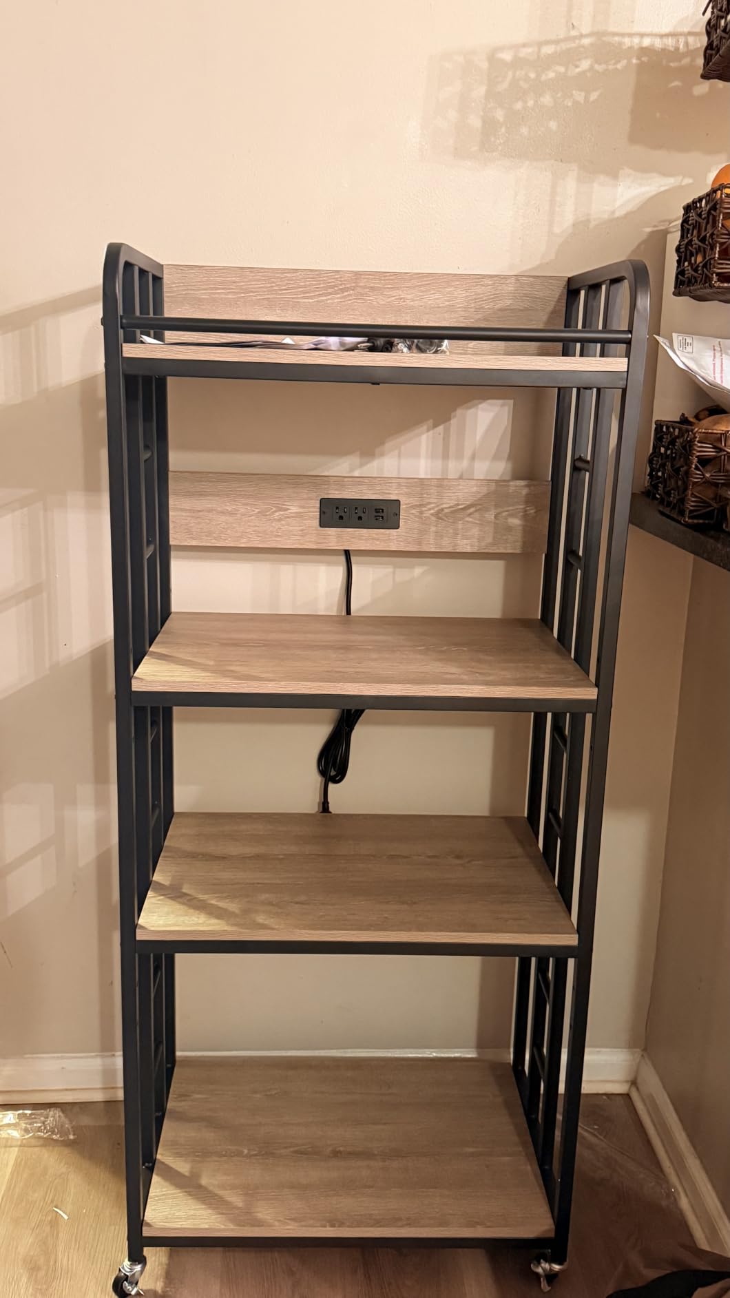 METYERRY Adjustable 4-Tier Heavy Duty Kitchen Baker's Rack with Power Outlet, with Industrial Wheels, Free Standing Microwave Oven Cart Stand for Storage in Living Room, Garage, Rustic Brown customer photo 1