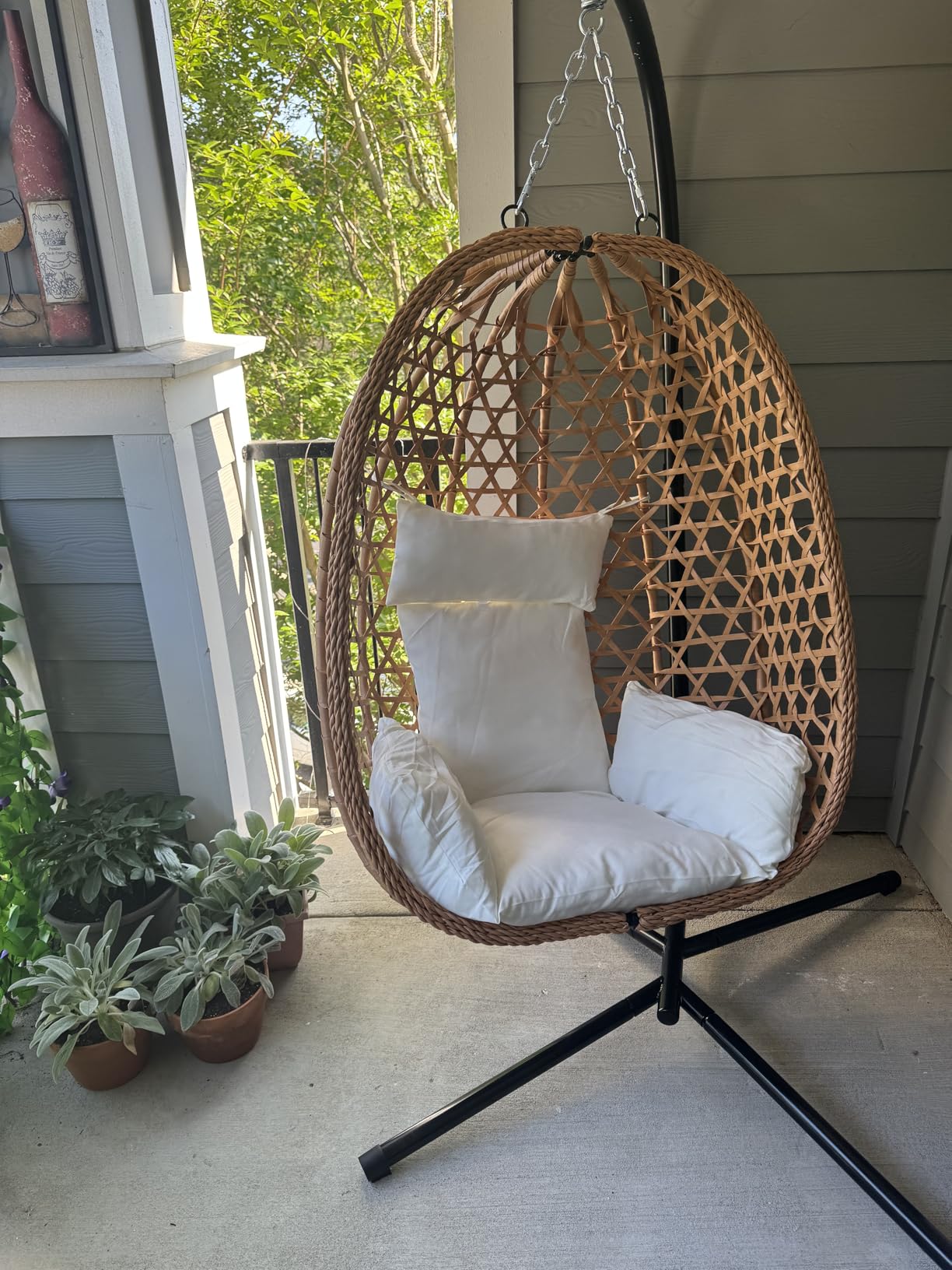 EortheX Hanging Swing Egg Chair with Stand, 350LBS Capacity, Grey | HDPE rattan, Sturdy steel stand, Plush cushion, Easy assembly, Indoor/outdoor use for patio/garden/balcony customer photo 2
