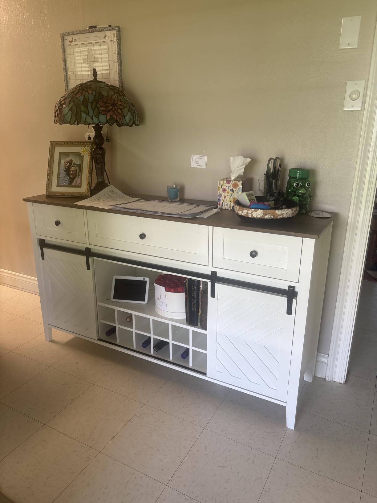 CABIHOME Farmhouse 47.2'' Buffet Cabinet with Sliding Barn Door, 33.4'' Tall Wood Rustic Sideboard with 3 Drawer, Adjustable Shelf and Removable Wine Rack (White, 59'') customer photo 1