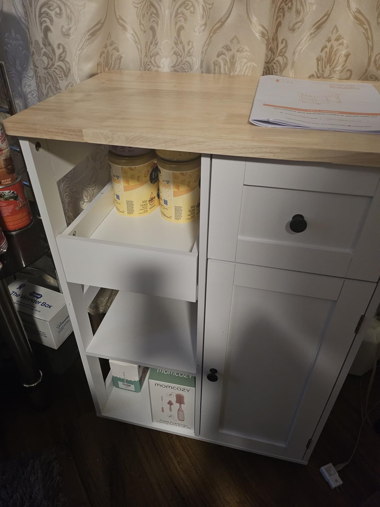 Gizoon Kitchen Island Cart with Drawers and Doors | Rolling Serving Utility Cart, Bar Cart with Adjustable Shelf and Removable Tray for Dining Room, White, Tabletop-Oak Color customer photo 2