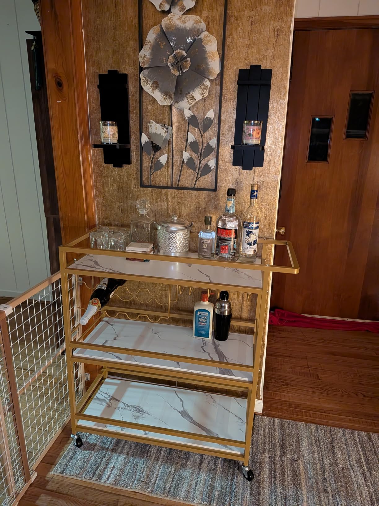 Leteuke Bar Cart for Home, 3 Tier Gold Serving Rolling Carts with Wheels, Drink Cart, Liquor Stand with Marbled Wooden Shelves, Wine Rack and Glass Holder for Kitchen, Dining Room customer photo 1