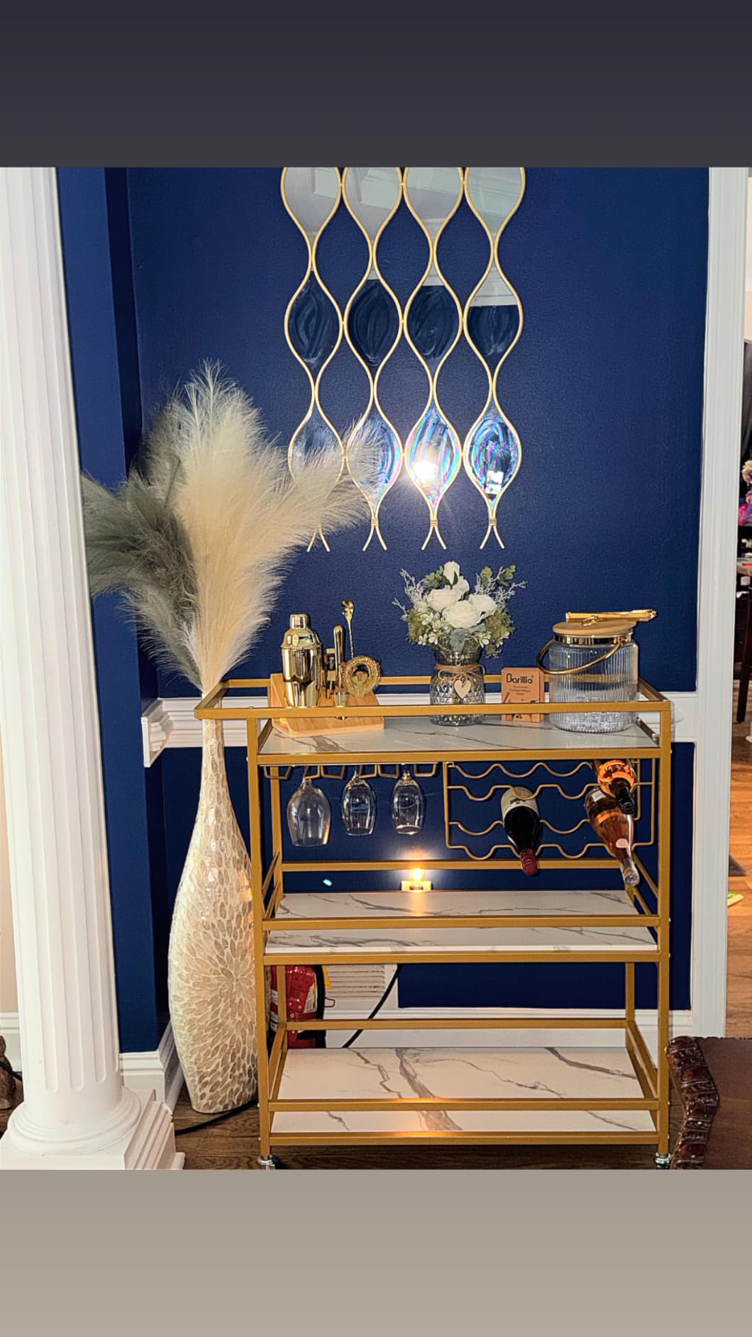 Leteuke Bar Cart for Home, 3 Tier Gold Serving Rolling Carts with Wheels, Drink Cart, Liquor Stand with Marbled Wooden Shelves, Wine Rack and Glass Holder for Kitchen, Dining Room customer photo 2