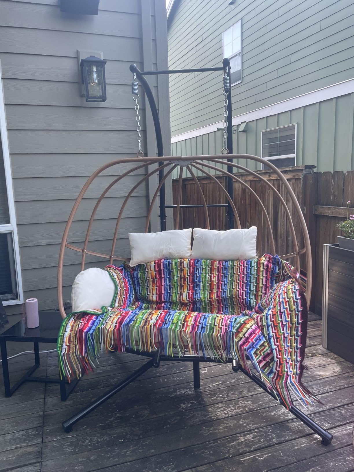 Double Egg Swing Chair with Stand, Oversized Egg Chair Outdoor Indoor, Hanging Swing Chairs with Cushions, Extra Large 2-Person Swing Chairs for Balcony, Porch, Garden, Beige customer photo 1