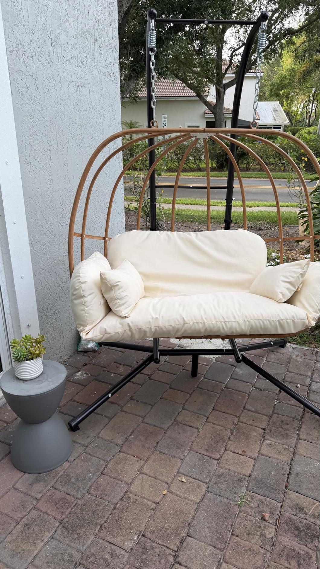 Double Egg Swing Chair with Stand, Oversized Egg Chair Outdoor Indoor, Hanging Swing Chairs with Cushions, Extra Large 2-Person Swing Chairs for Balcony, Porch, Garden, Beige customer photo 2