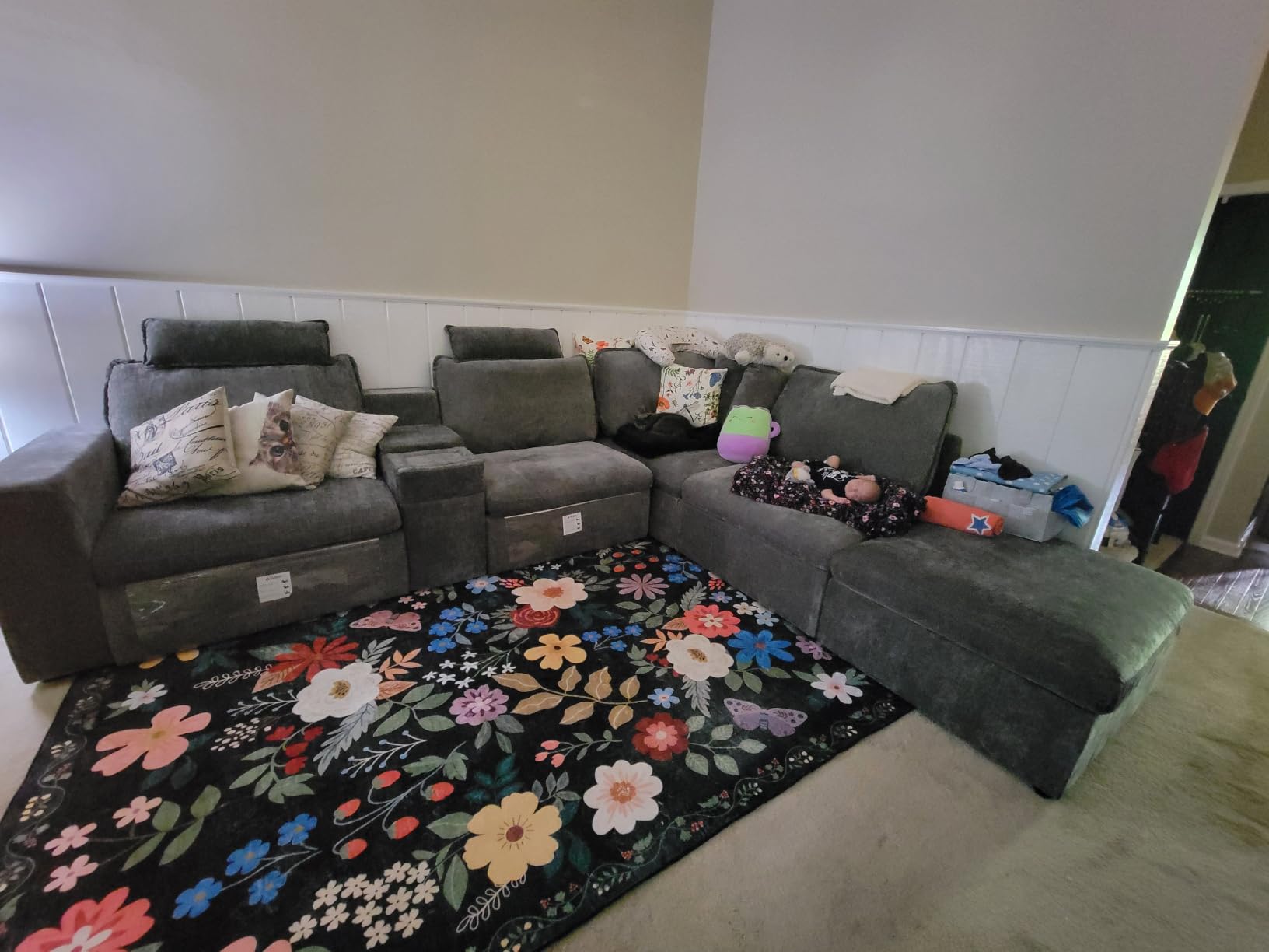 Oversized Modular Sectional Sofa with Double Power Recliner, Cloud Reclining Couch with Headrest, Storage Drawer Charging Cup Holders, Deep L-Shaped 6 Seater with Corner, Chenille, Black customer photo 1