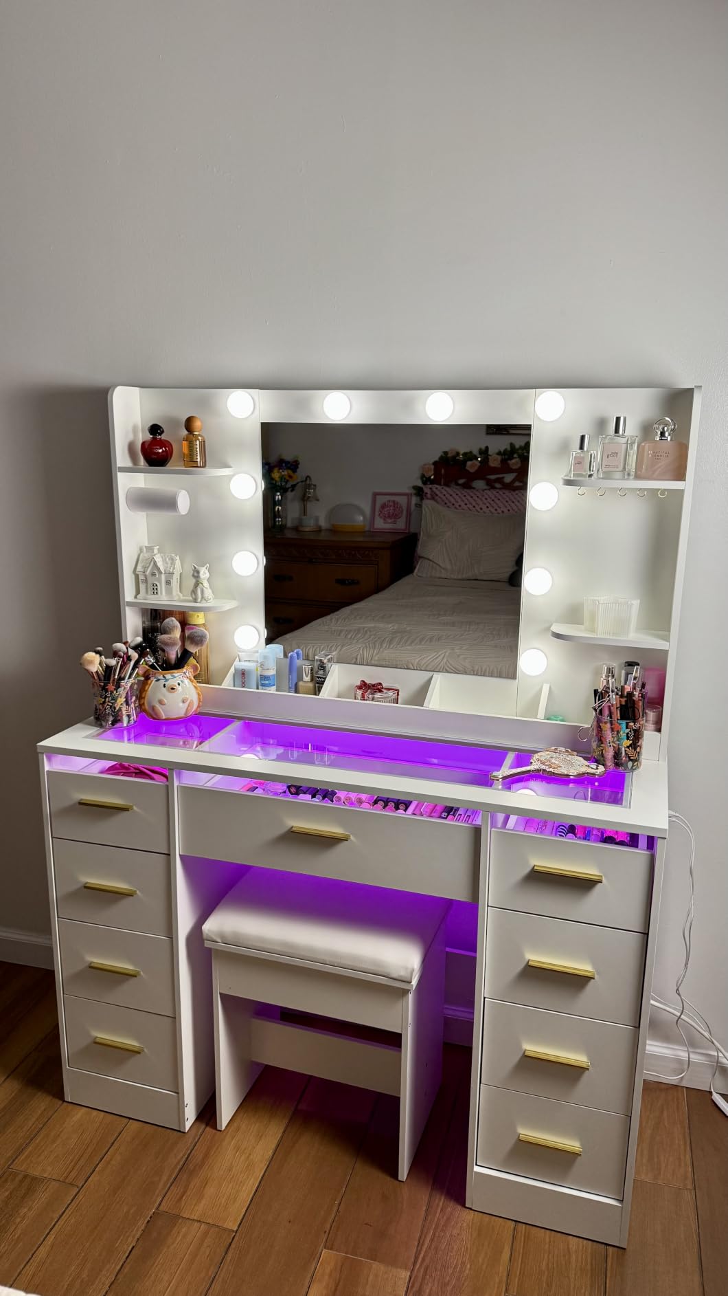 ANWBROAD Large Vanity Desk with Mirror and Lights & Transparent Glass Top | 3 Colors Makeup Vanity Table Set with 9 RGB Drawers, Power Outlet, White Vanity Stool and 4 Shelves for Bedroom Women UBDT94W customer photo 1
