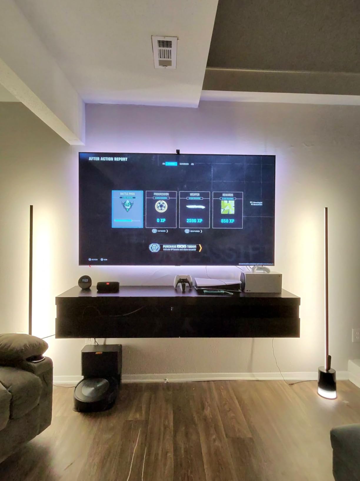 Solid Wood Floating TV Stand with LED Lighting & Power Outlet, 71