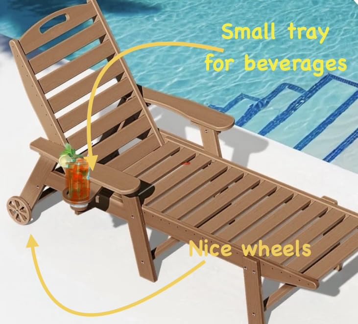 Chaise Lounge Outdoor, Lounge Chair Outdoor with Wood Texture, Adjustable 5-Position Backrest, HDPE Lounge Chair with Wheels & Cup Holder for Pool Deck Backyard, Teak customer photo 1