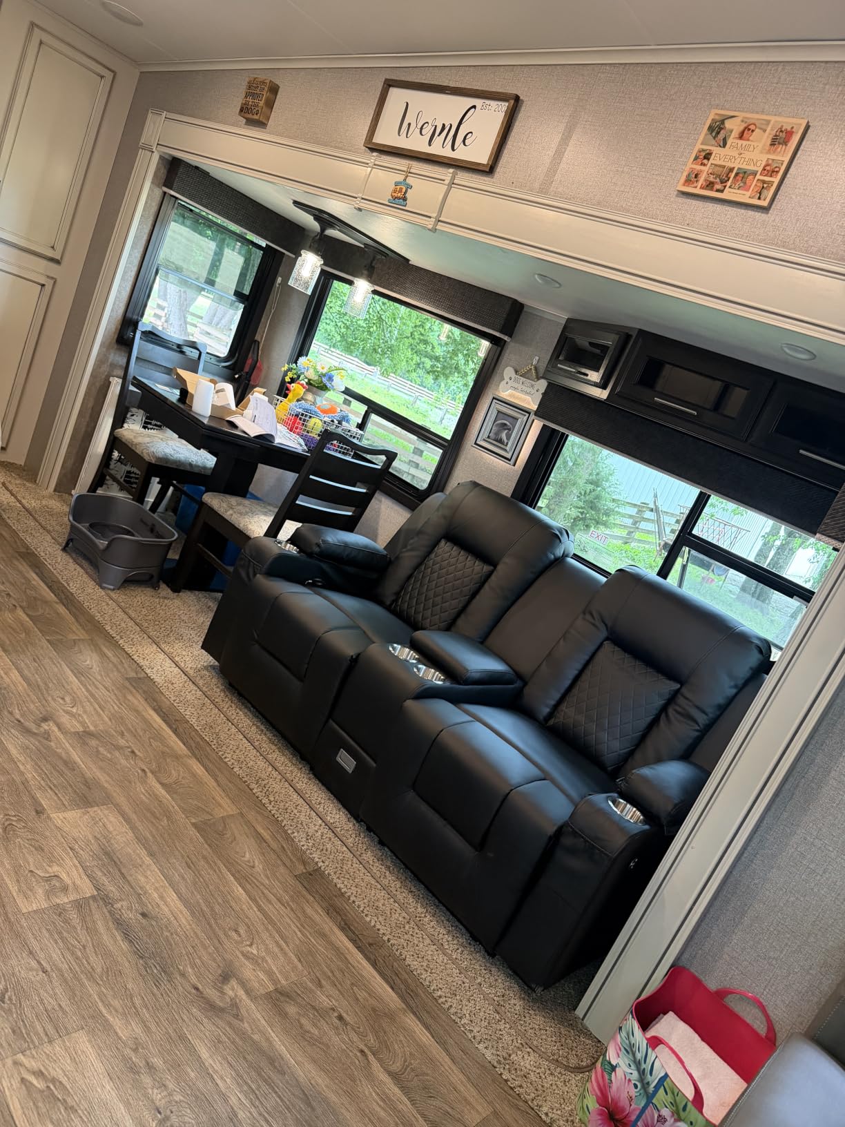 Recliner Sofa, Home Theater Seating with Center Console, 4 Seat Reclining Couch with USB Ports & Phone Holders, Wall Hugger RV Sofa Furniture Loveseat Recliner Couch with Storage & Pocket customer photo 2