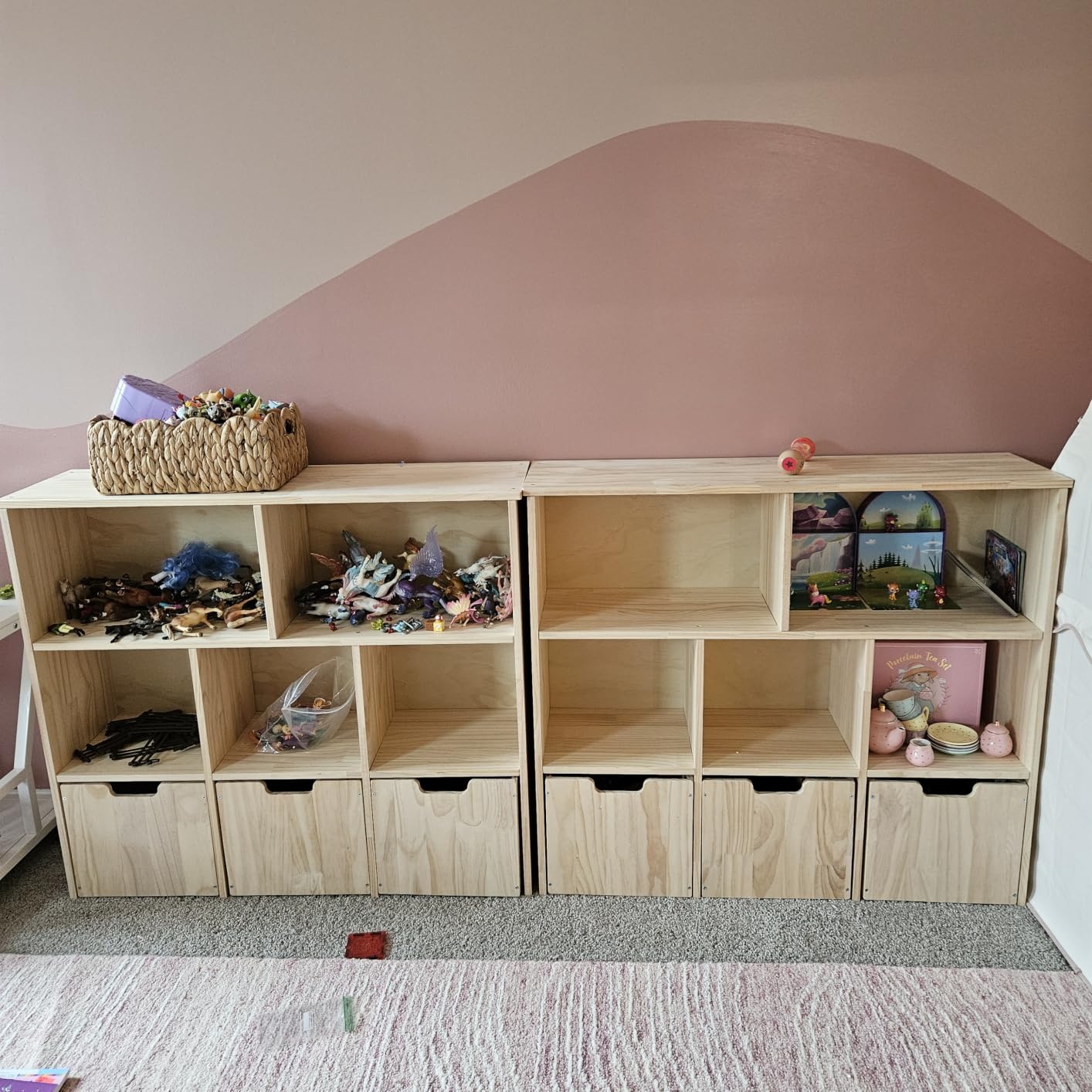 EXPERLAM Solid Pine Wood Toy Storage Organizer, Kids Bookshelf and Toy Organizer with 3 Rolling Drawers, 5 Storage Cubes, Montessori Playroom Storage Cabinet, Burlywood customer photo 2