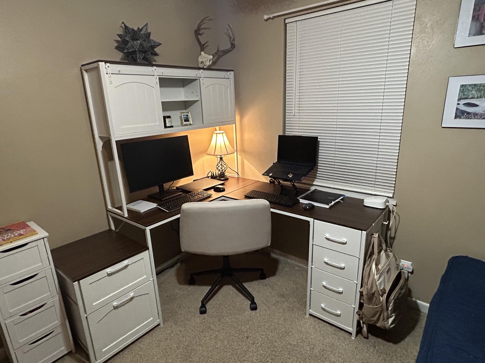 SEDETA Reversible Farmhouse L Shaped Office Desk with 6 Drawer, Hutch | Computer Corner Desk with Power Outlet, File Drawer & Printer Storage Shelves, for Home Office/Two Person, White customer photo 1