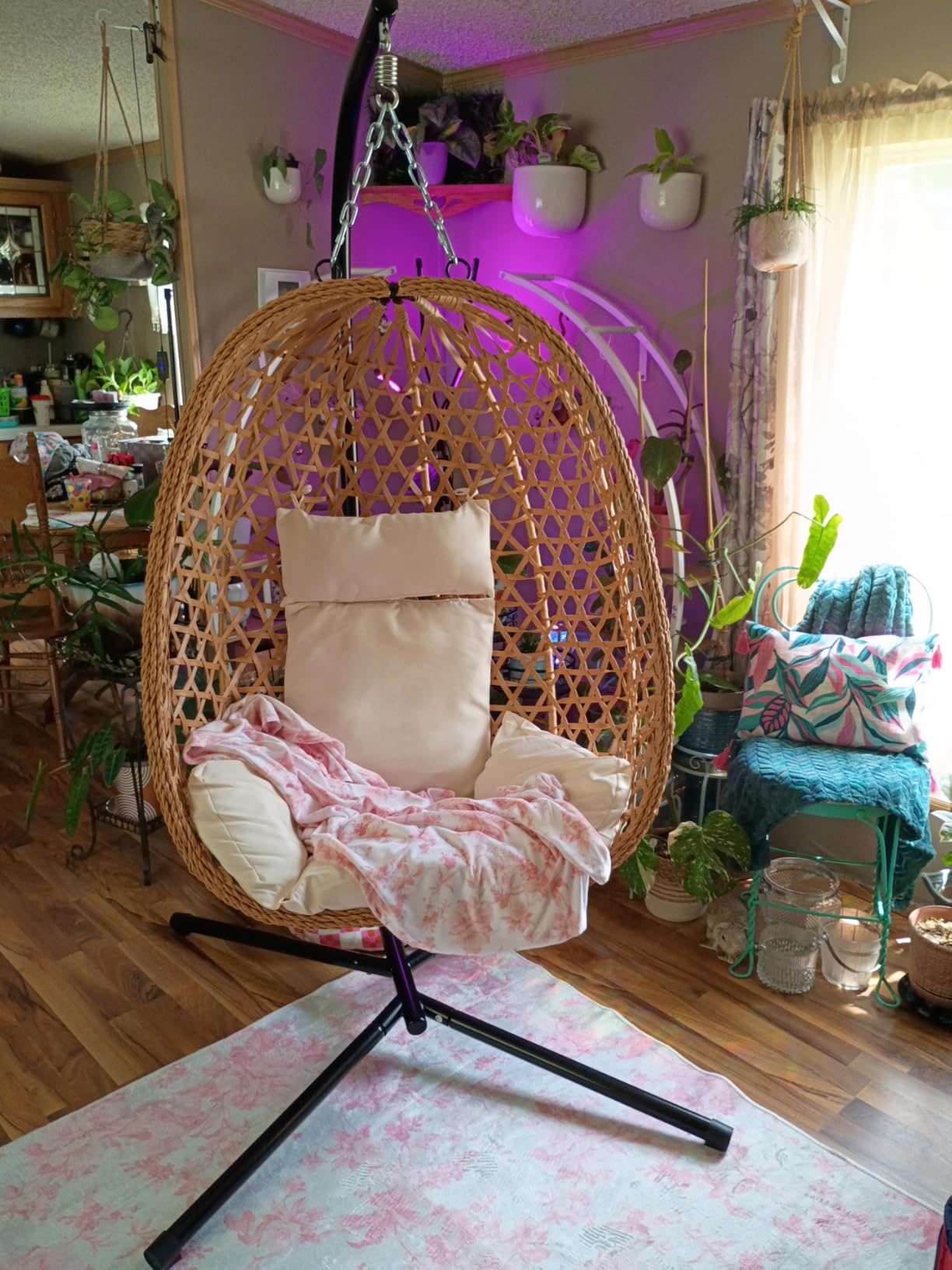 Hanging Egg Chair with Stand, All-Weather Rattan, 330LBS Cap, Burlywood | Swing Chair with stand & thick cushions, rust-proof frame, boho style for patio/balcony/garden customer photo 2