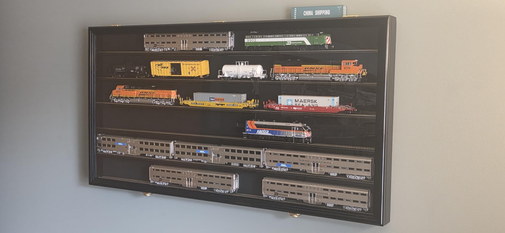 HO Scale Model Train Display Case Cabinet Wall Rack w/98% UV Protection- Lockable -Walnut customer photo 1
