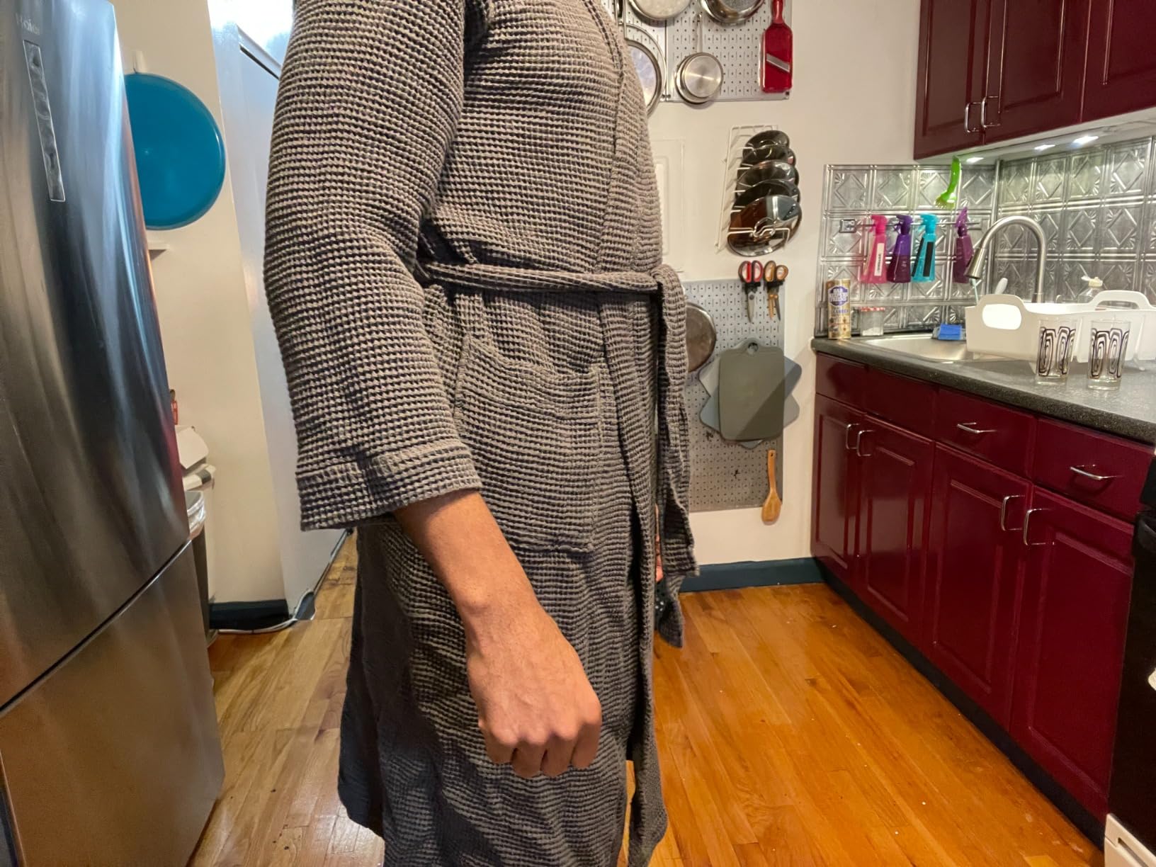 Coyuchi Unisex Organic Waffle Robe, 100% Organic Turkish Cotton Spa Robe | Lightweight, Absorbent Waffle Weave, M-L, Fog customer photo 1