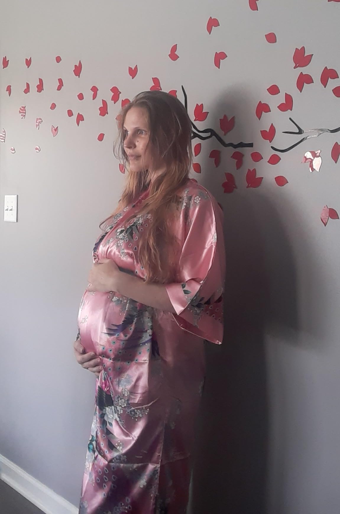 BABEYOND Women's Kimono Robe Long Satin Robes with Peacock and Blossoms Printed Kimono Nightgown customer photo 1