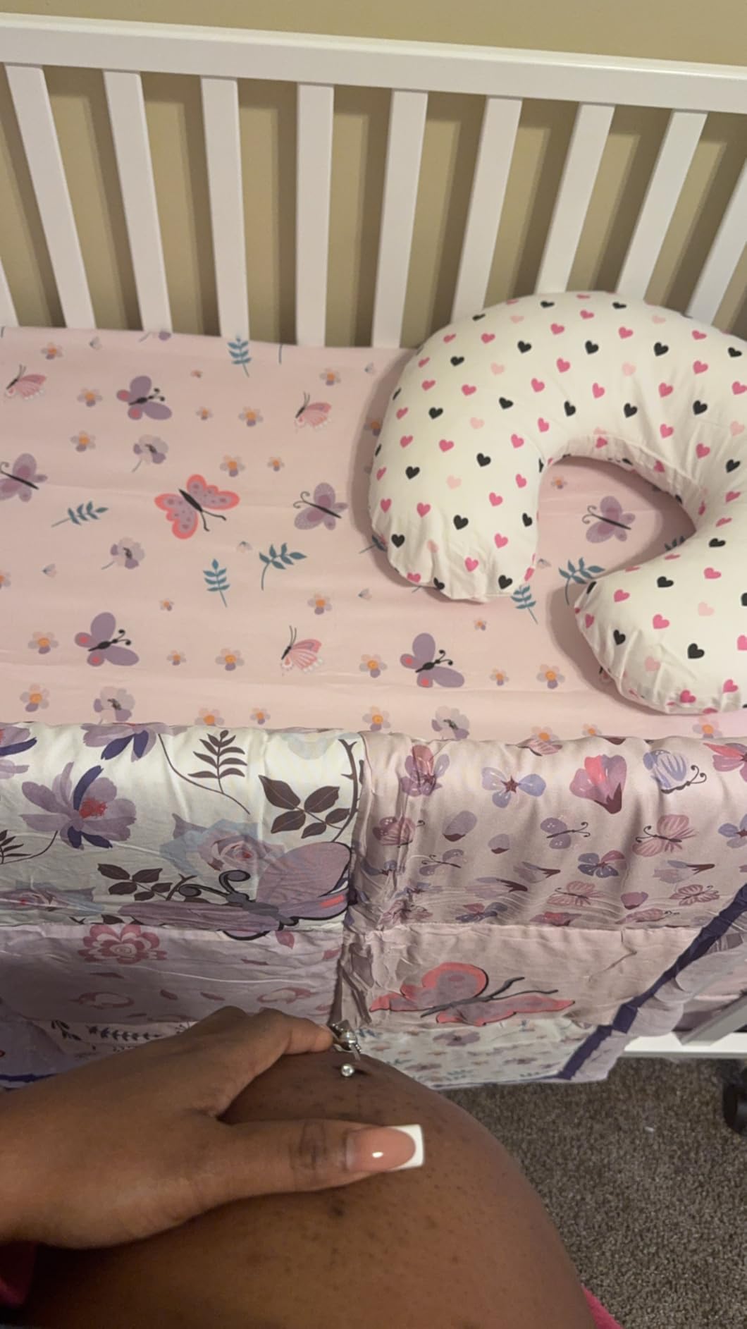 Tudomro 3 Pieces Butterfly Nursery Crib Bedding Set for Girls, Standard Size Bedding Sets with Comforter Fitted Sheet Crib Skirt (Purple) customer photo 2