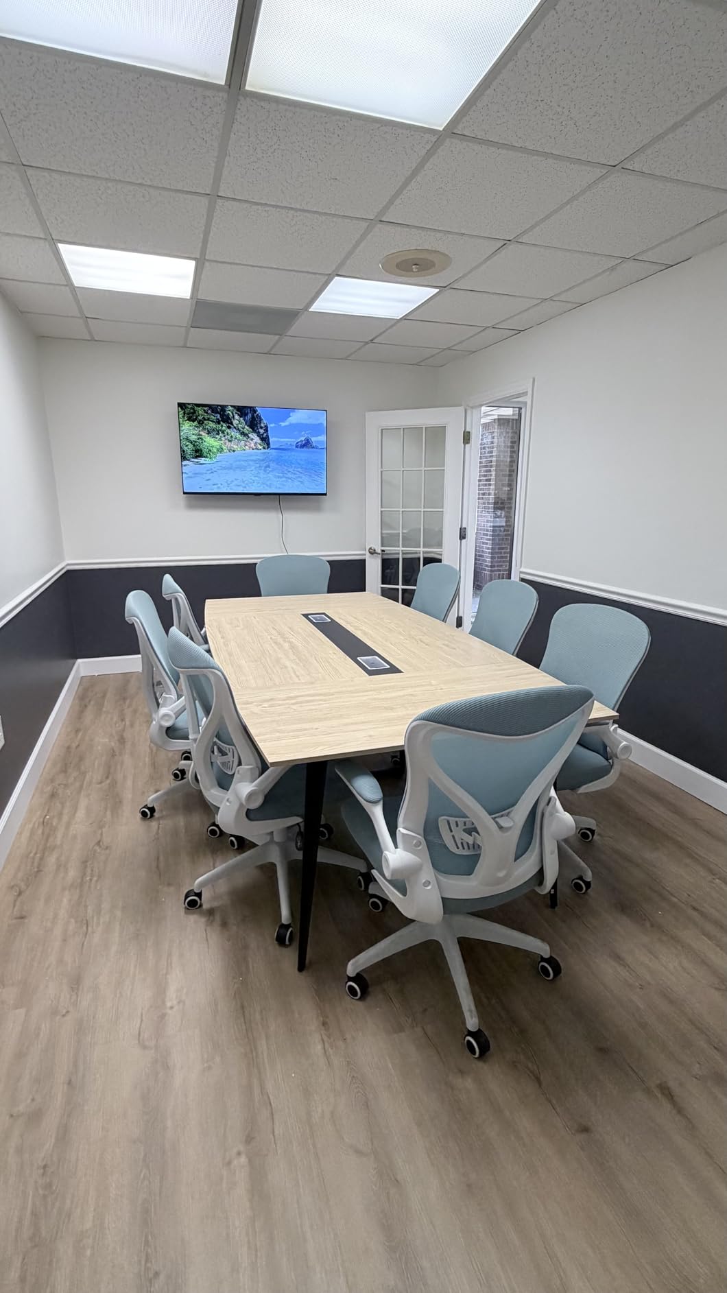 Tribesigns 8FT Conference Table, 94.48L x 47.24W x 29.52H Inches Boat Shaped Meeting Table with Rectangle Grommet, Modern Seminar Boardroom Table for Office Conference Room (8ft, Walnut & Black) customer photo 1