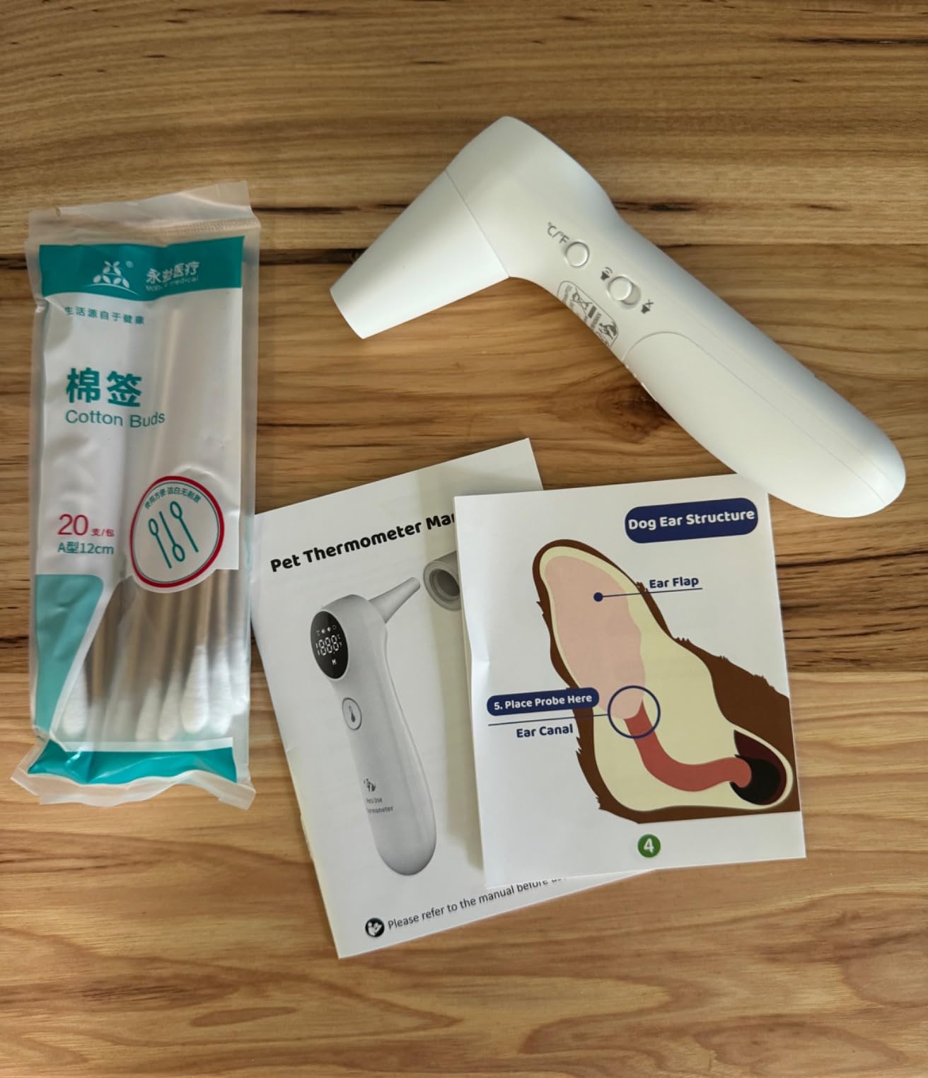 Pet Ear Thermometer for Dogs, Cats, and Livestock, Long Probe Designed, ℃/ ℉ Convert and Sound Switch Dedicated Button, 1 Second Measurement, 20 pcs Pet Swabs Included customer photo 1